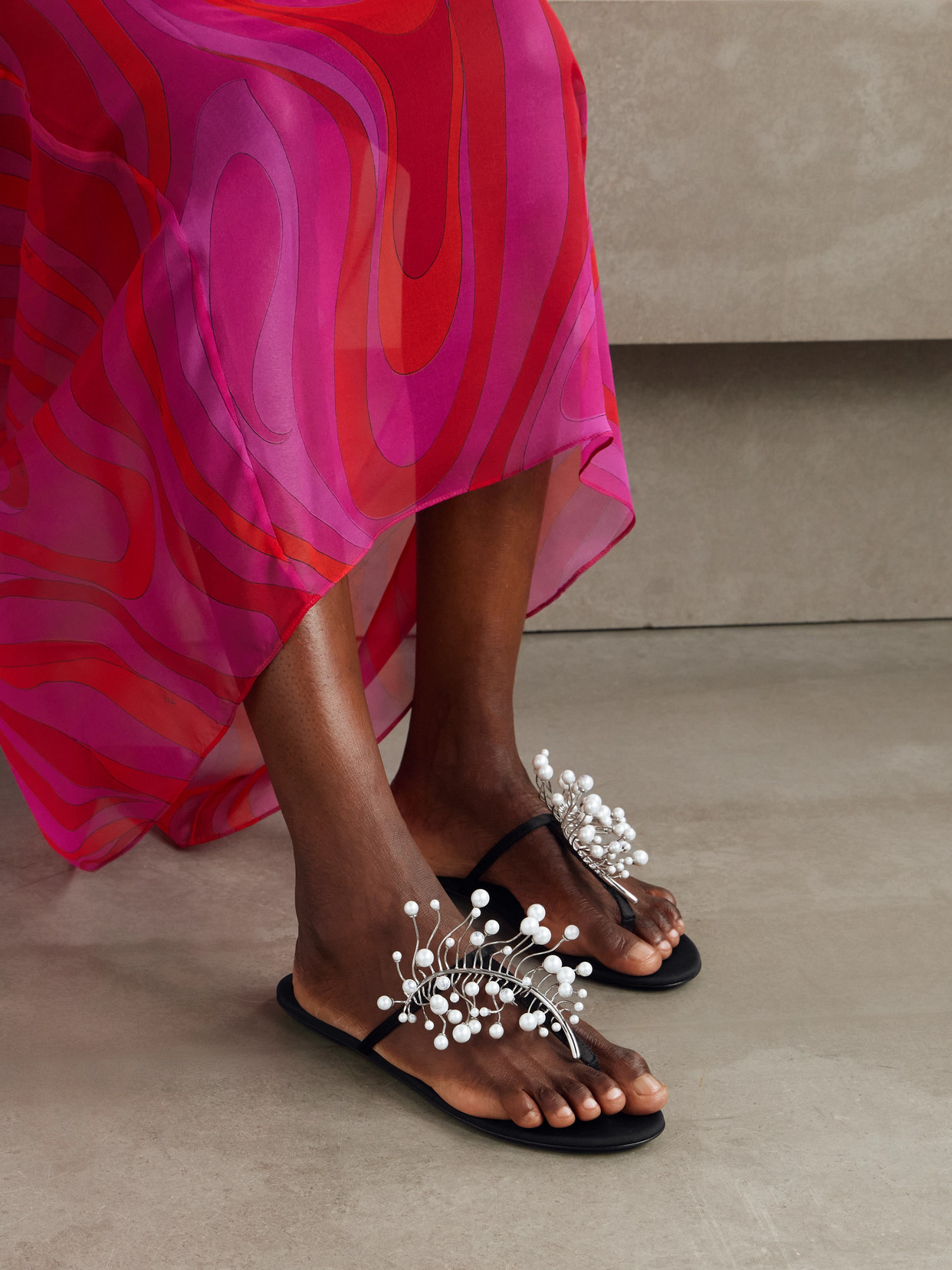Pucci Embellished Satin Flip Flops In Black