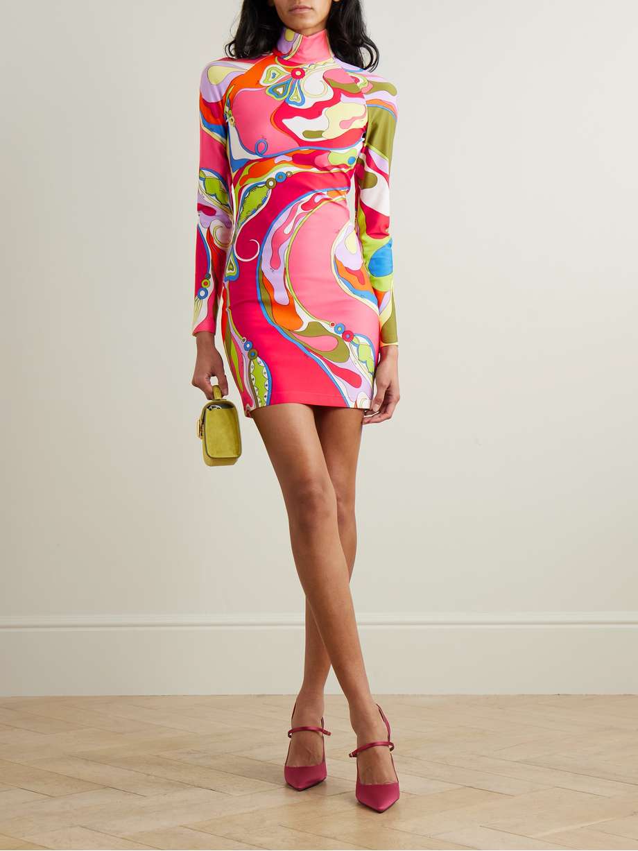 printed stretch-twill turtleneck mini dress
