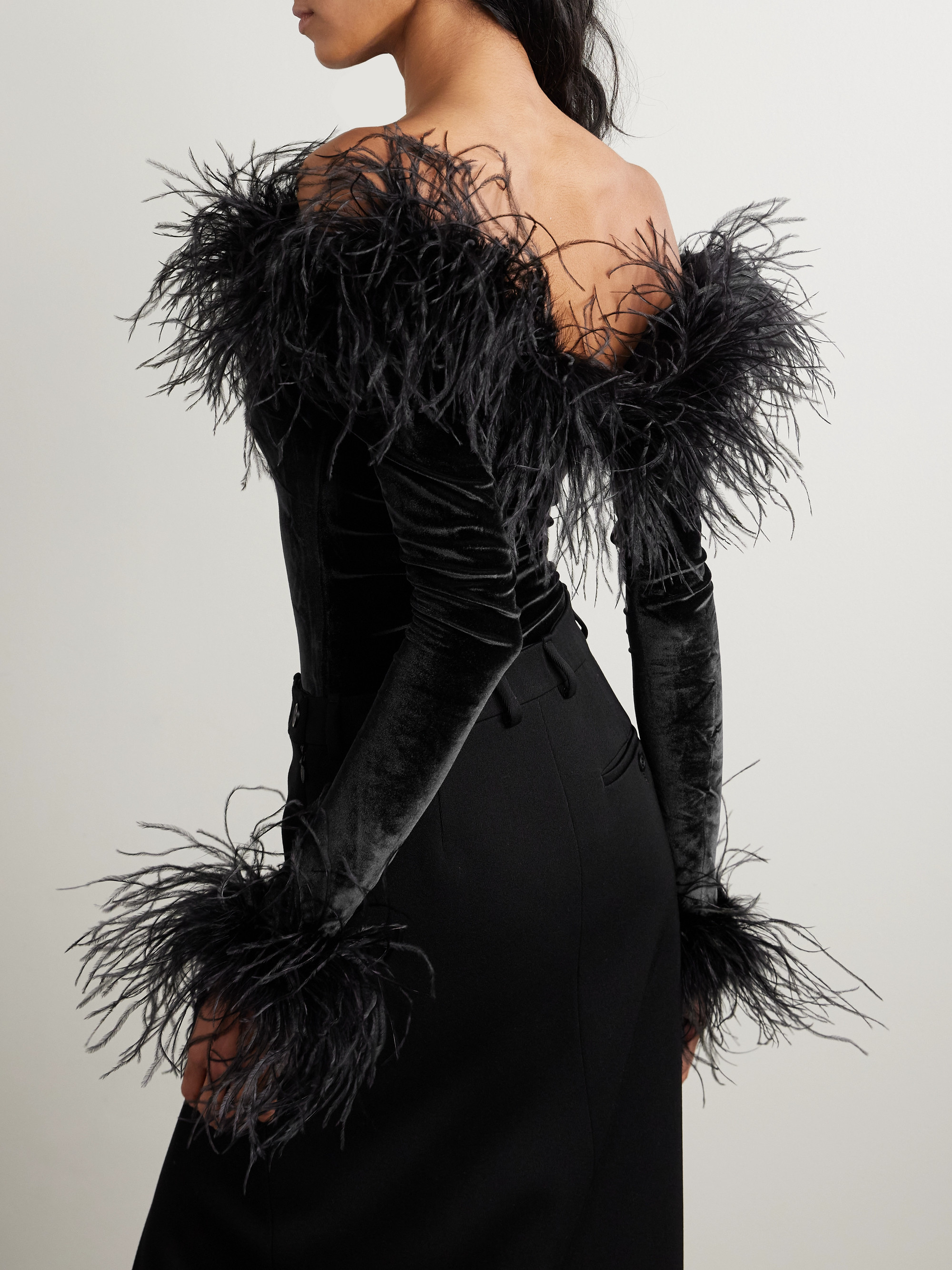Oséree Plumage off-the-shoulder feather-trimmed stretch-velvet bodysuit