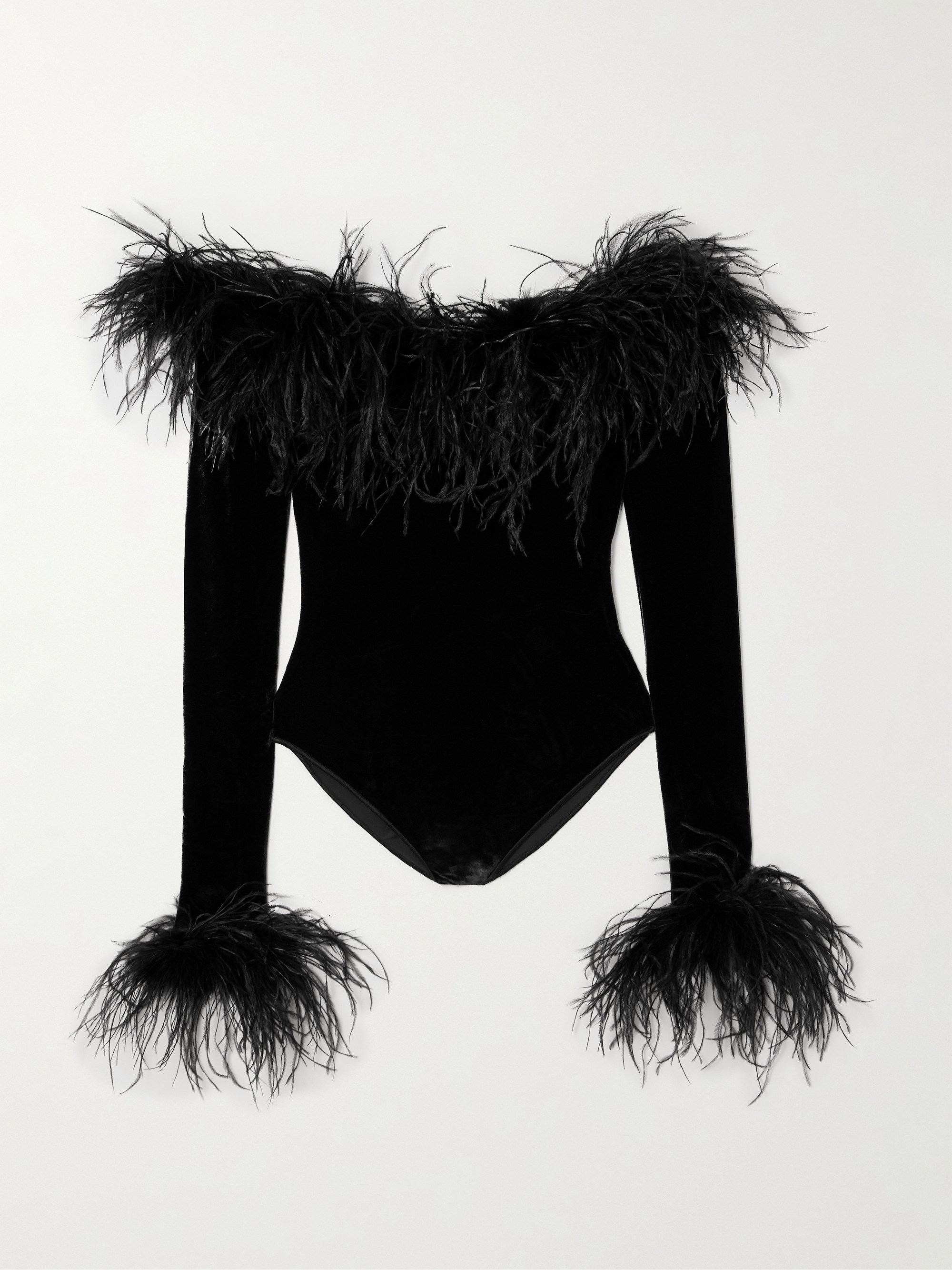 Oséree Plumage off-the-shoulder feather-trimmed stretch-velvet bodysuit