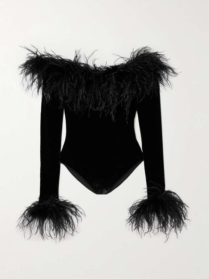 Oséree Plumage Off-the-shoulder Feather-trimmed Stretch-velvet Bodysuit