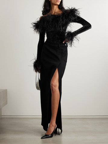 Oséree Plumage off-the-shoulder feather-trimmed stretch-velvet bodysuit