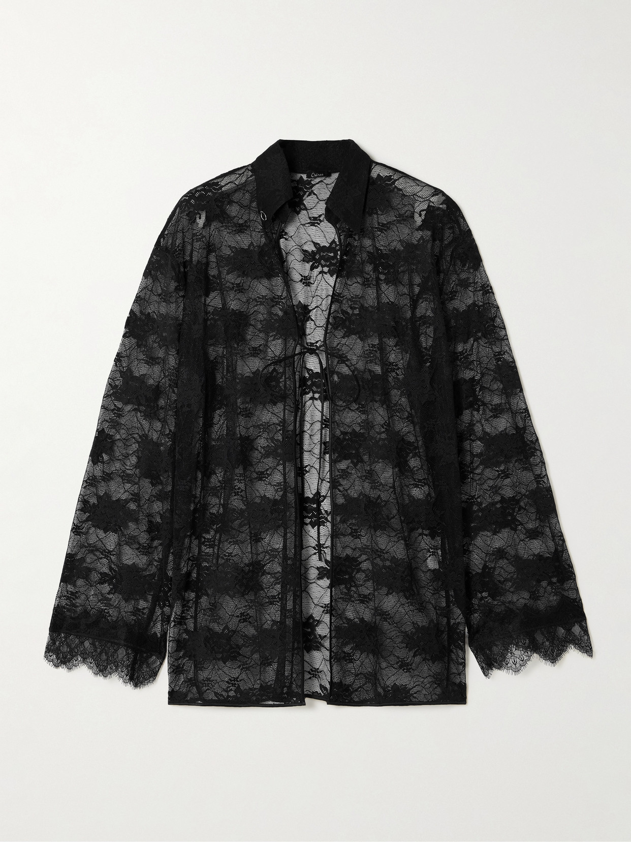 Oseree Satin-trimmed Scalloped Stretch-lace Shirt In Black