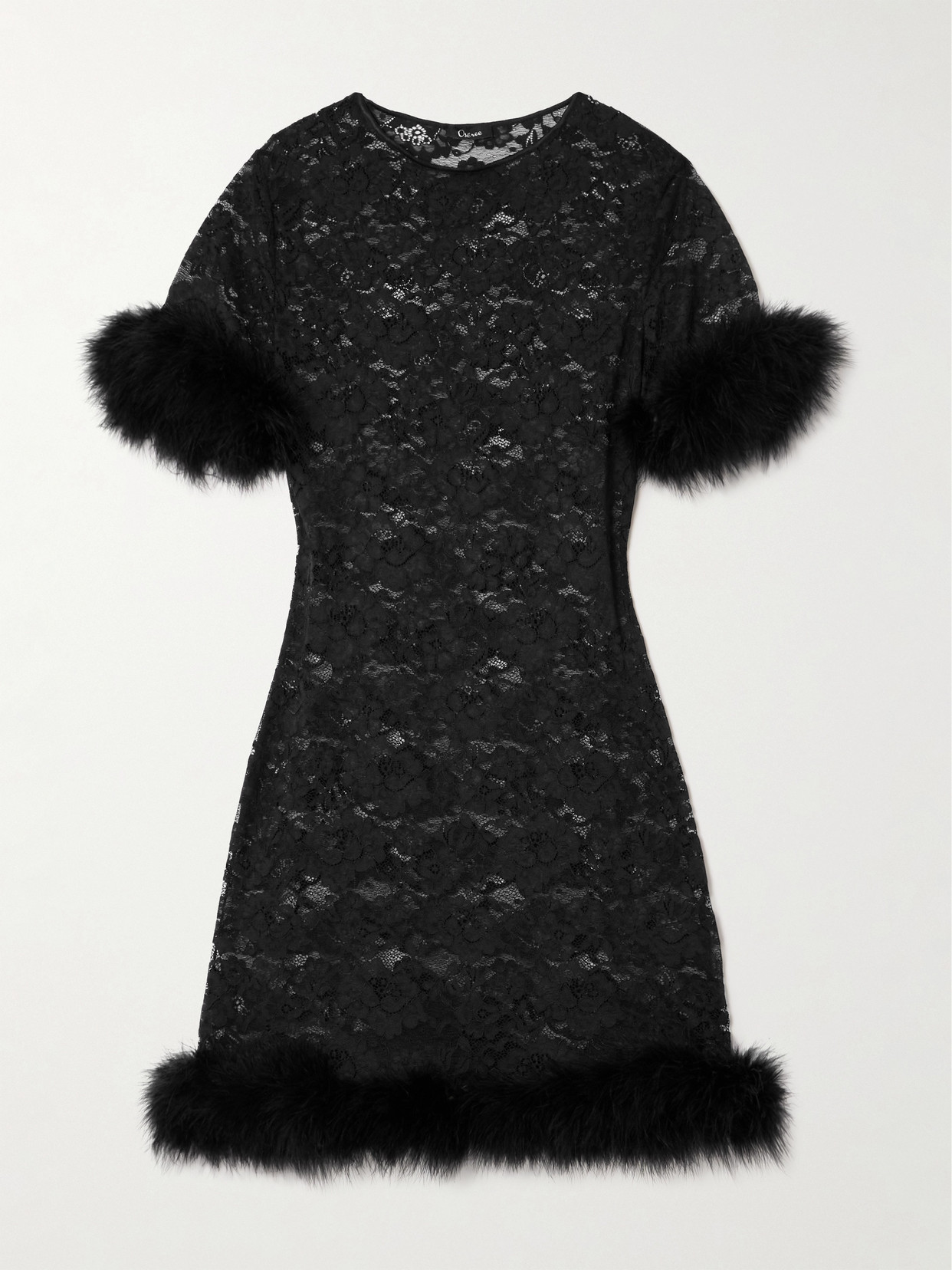 Oseree Feather-trimmed Corded Lace Mini Dress In Black