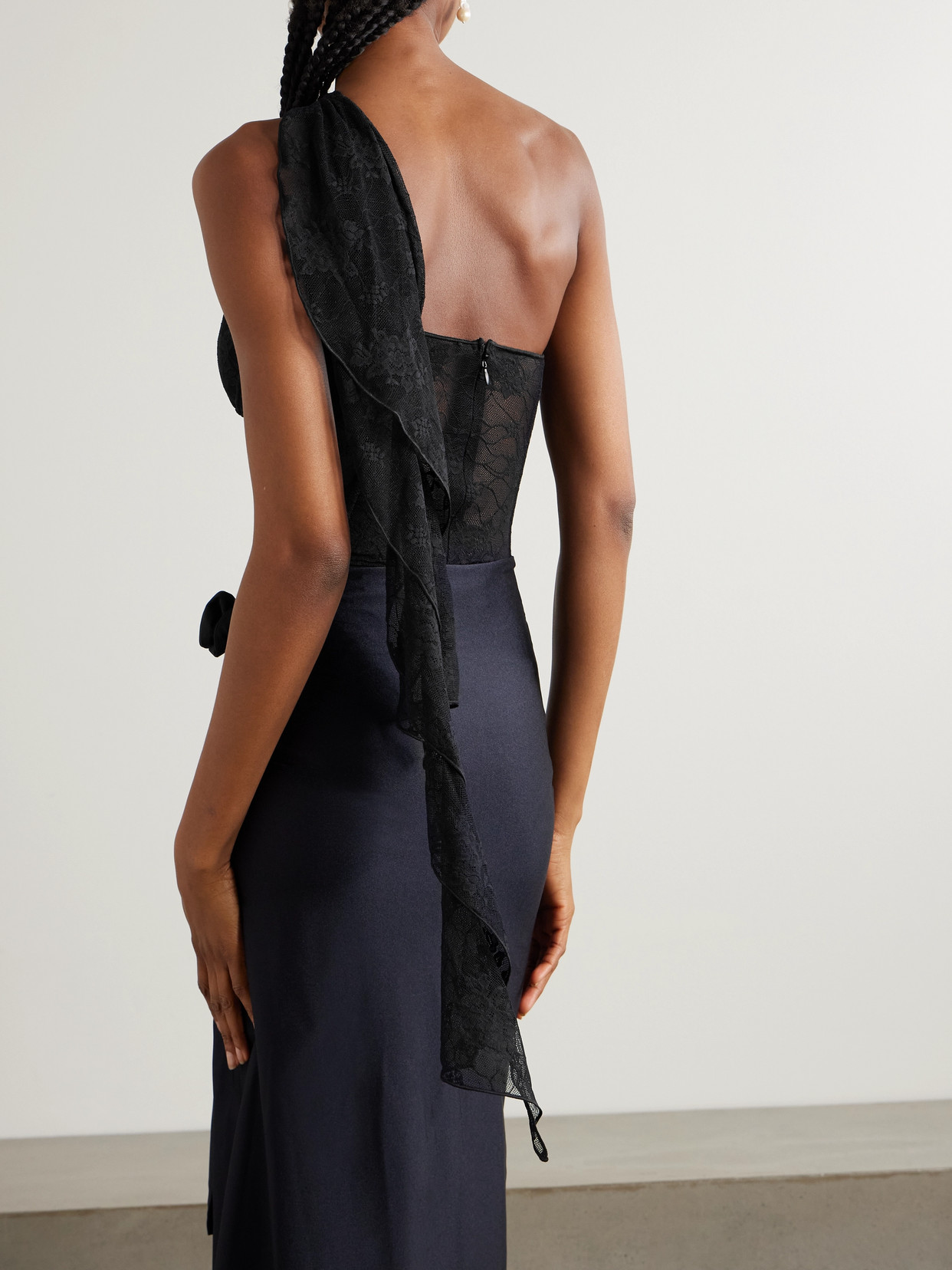 Oseree One-shoulder Draped Stretch-lace Bodysuit In Black