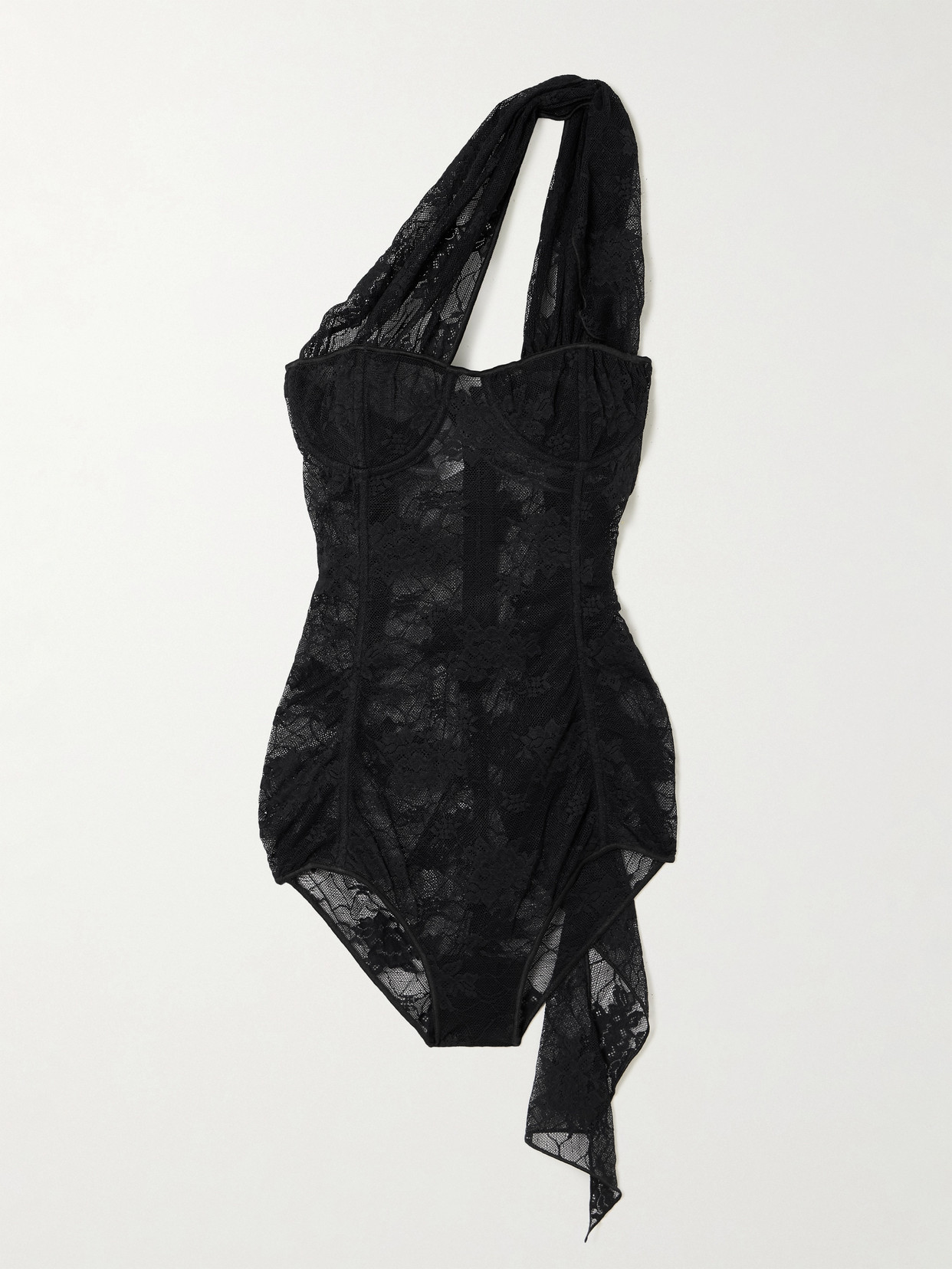 Oseree One-shoulder Draped Stretch-lace Bodysuit In Black