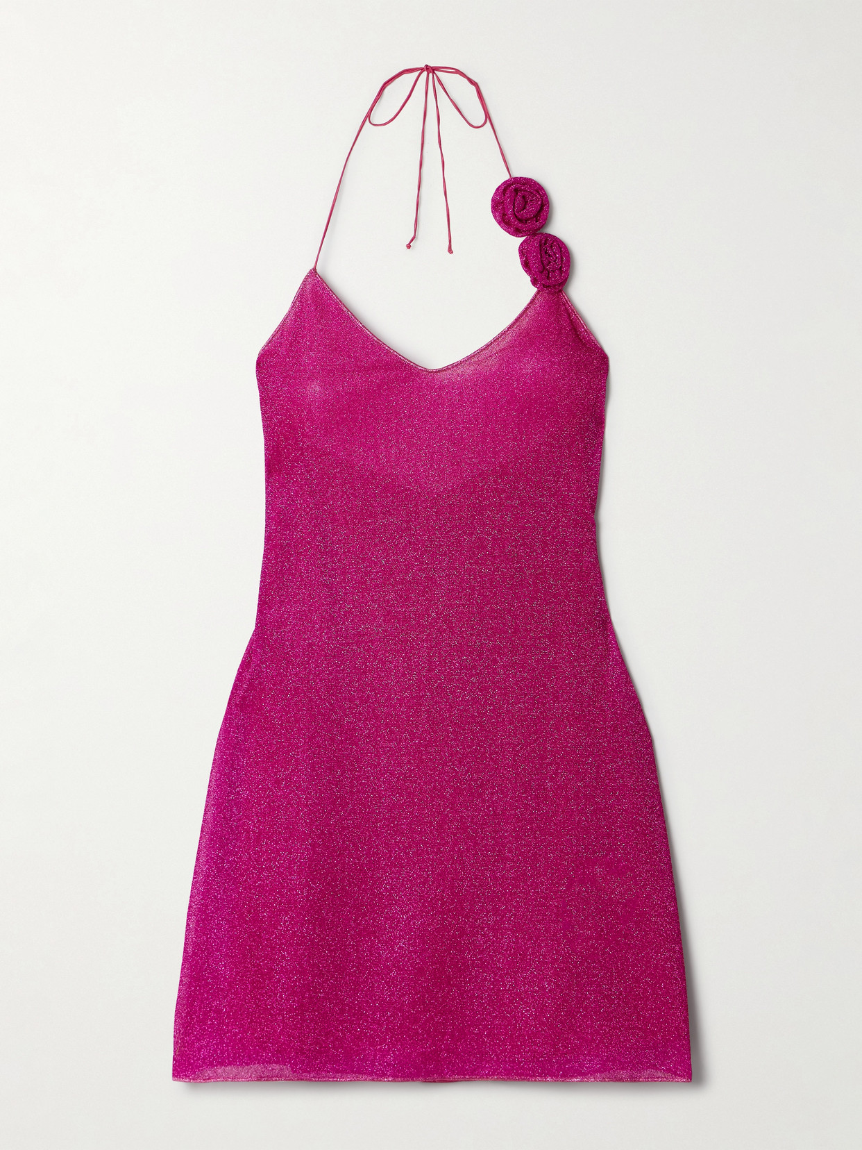 Oseree Lumière Appliquéd Metallic Stretch-knit Halterneck Mini Dress In Pink