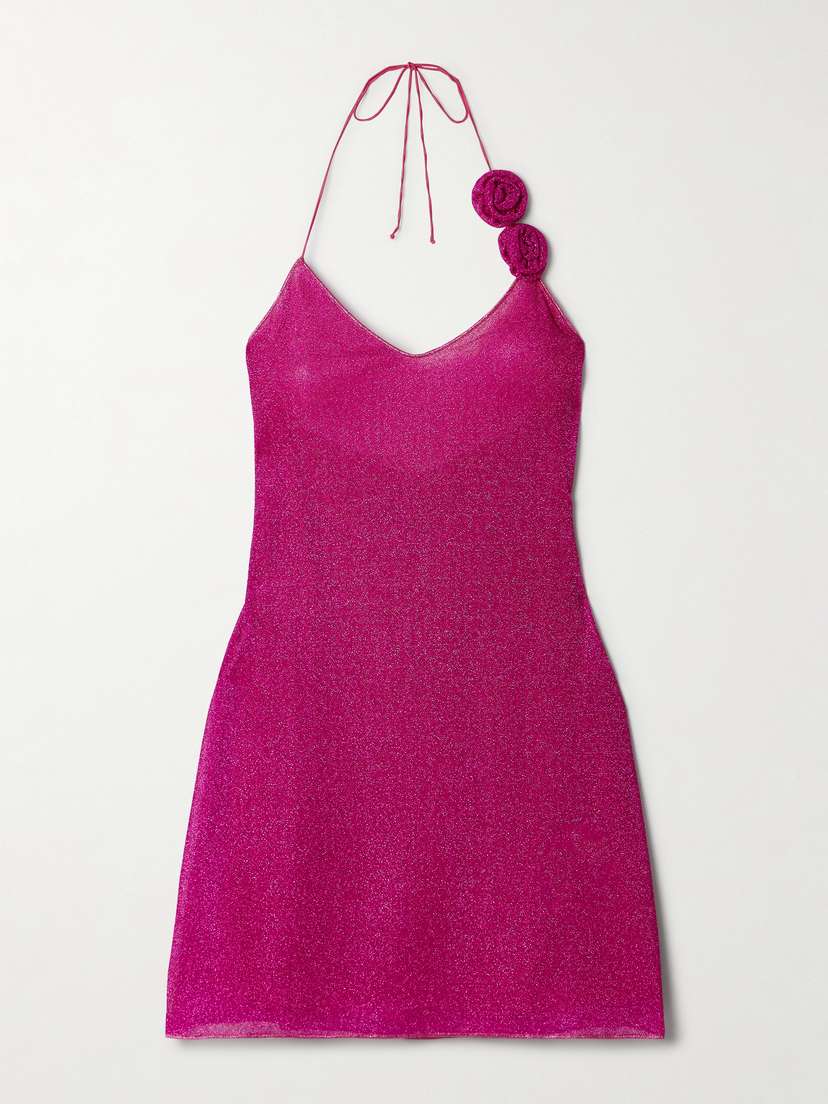 Oséree Lumière Appliquéd Metallic Stretch-knit Halterneck Mini Dress