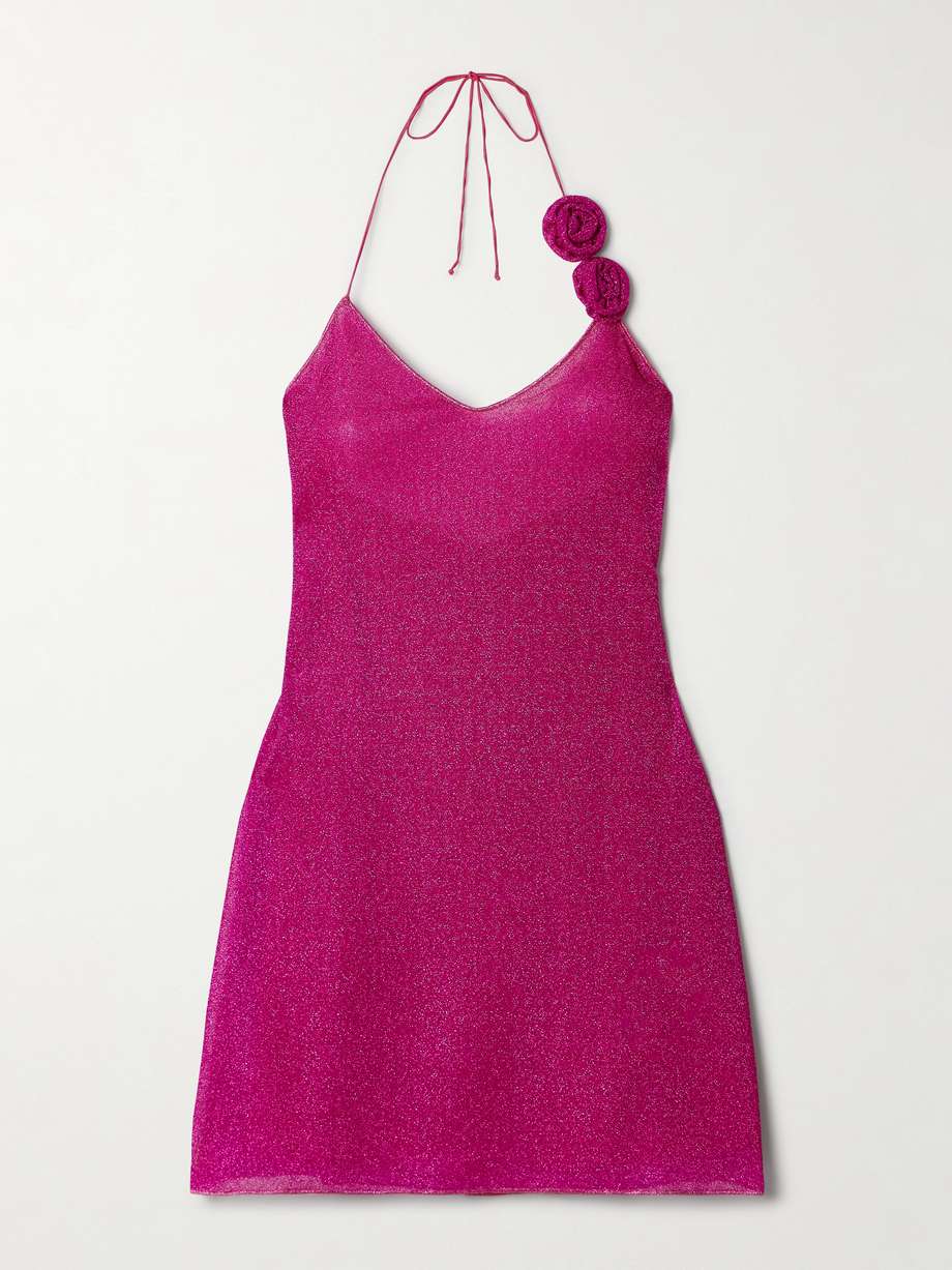 lumière appliquéd metallic stretch-knit halterneck mini dress