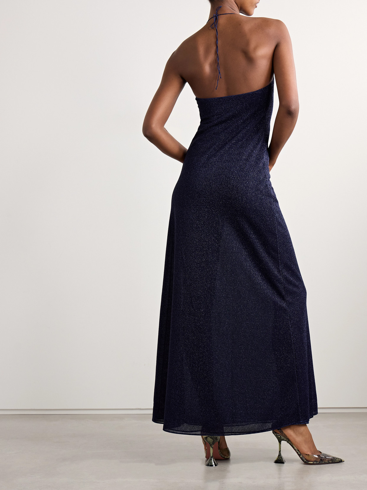 Oseree Lumière Appliquéd Metallic Stretch-knit Halterneck Maxi Dress In Blue