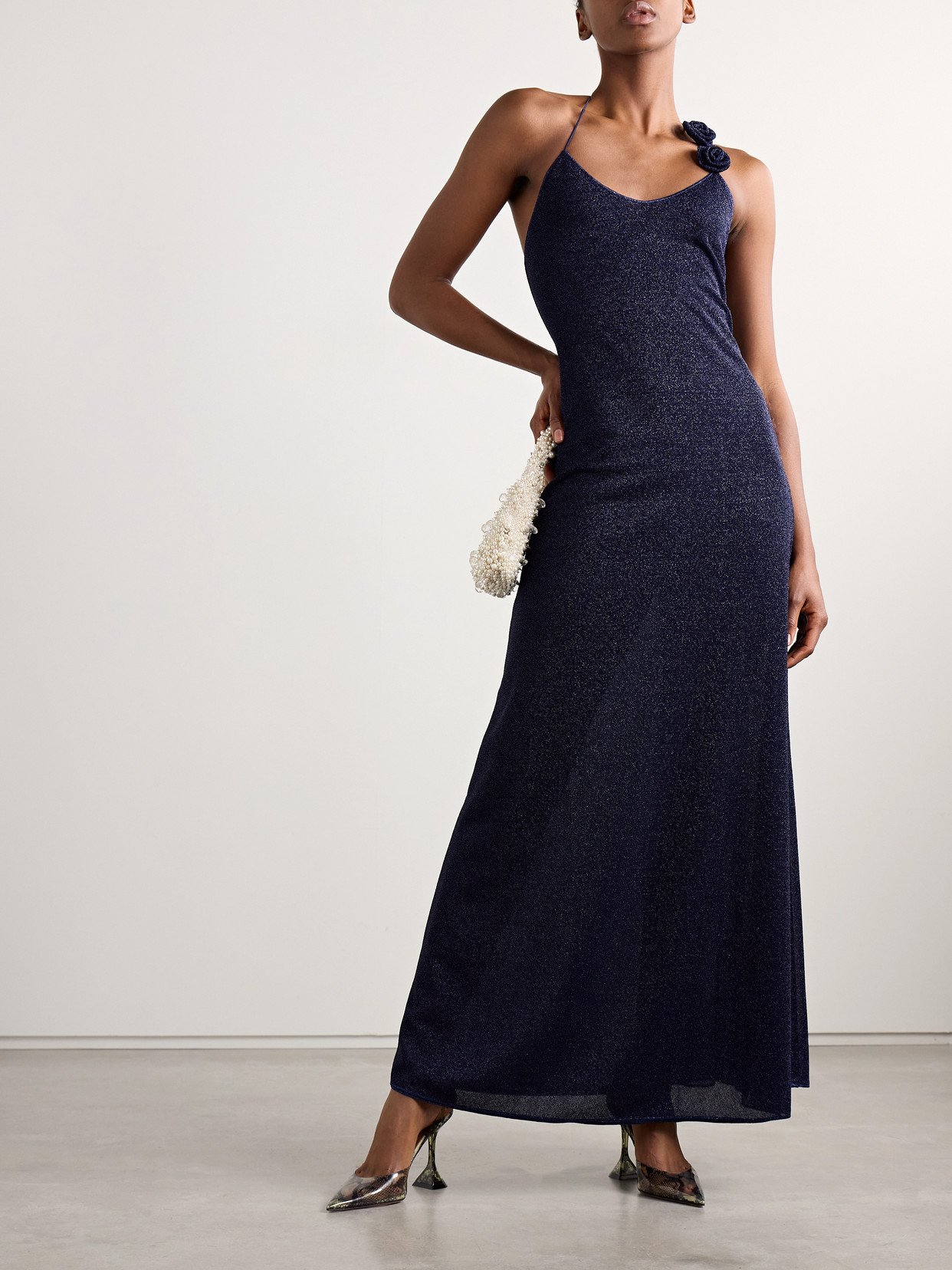 Oseree Lumière Appliquéd Metallic Stretch-knit Halterneck Maxi Dress In Blue