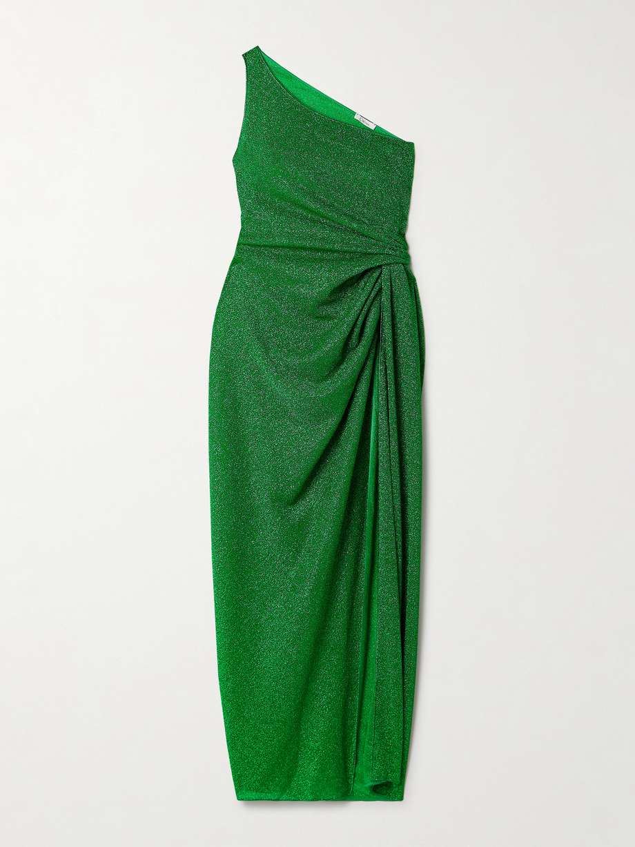 lumière one-shoulder metallic stretch-knit midi dress