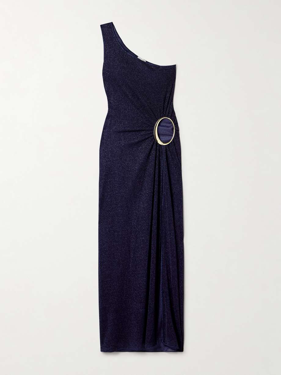 lumière one-shoulder cutout metallic stretch-knit maxi dress