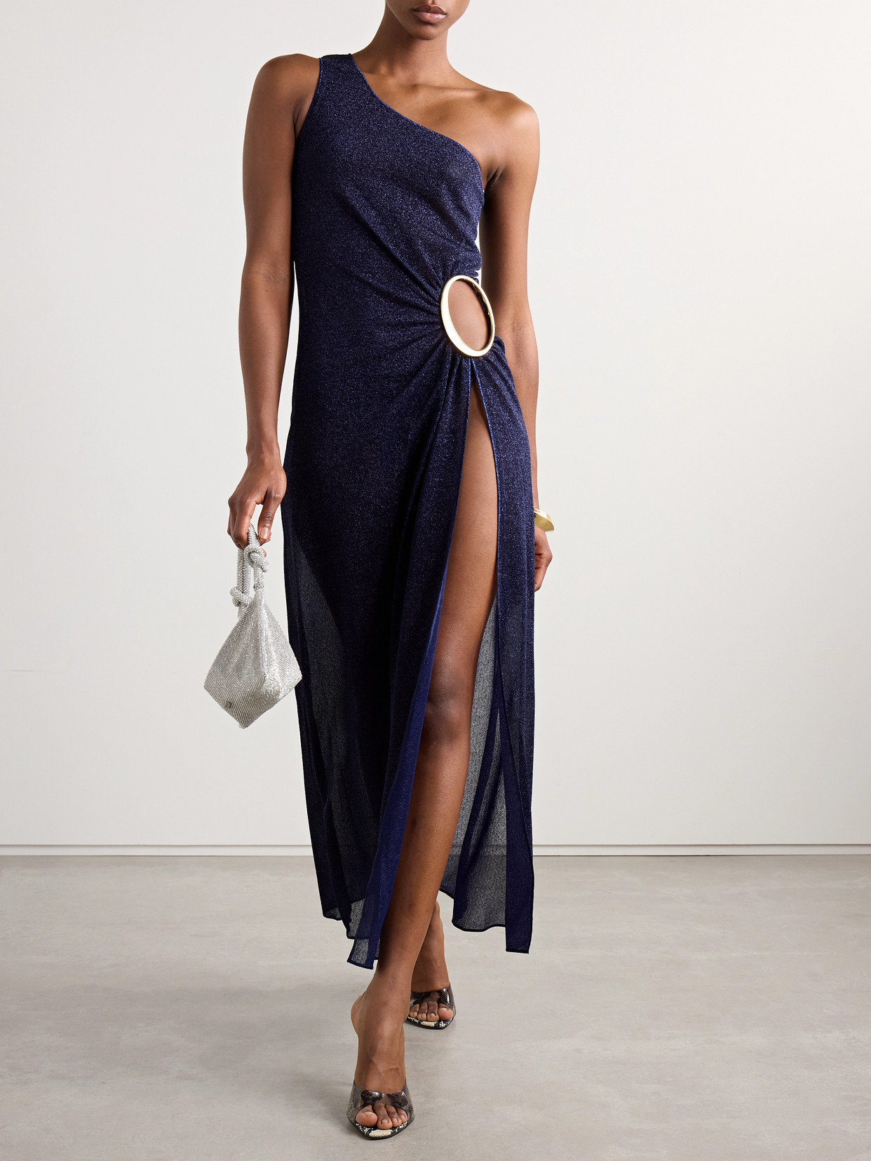 Oseree Lumière One-shoulder Cutout Metallic Stretch-knit Maxi Dress In Blue