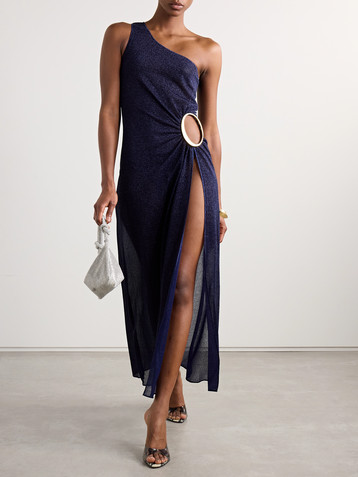 Oséree Lumière one-shoulder cutout metallic stretch-knit maxi dress