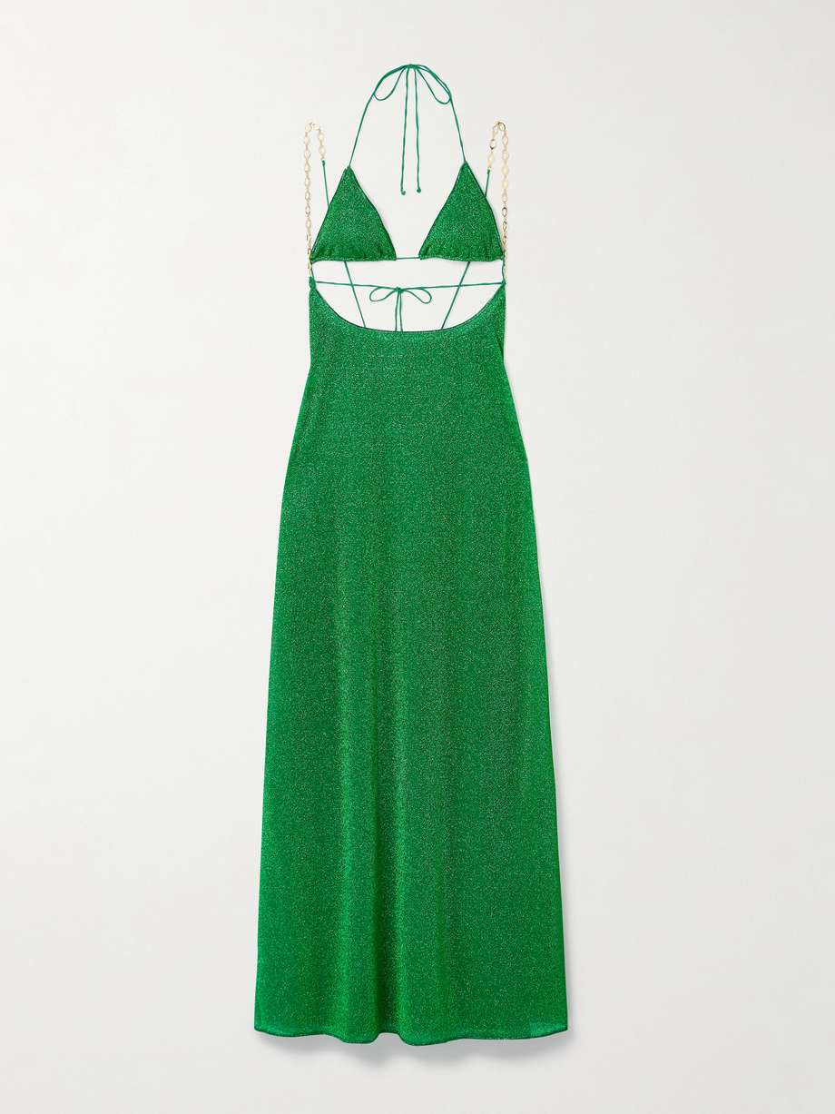 lumière cutout chain-embellished metallic stretch-knit maxi dress