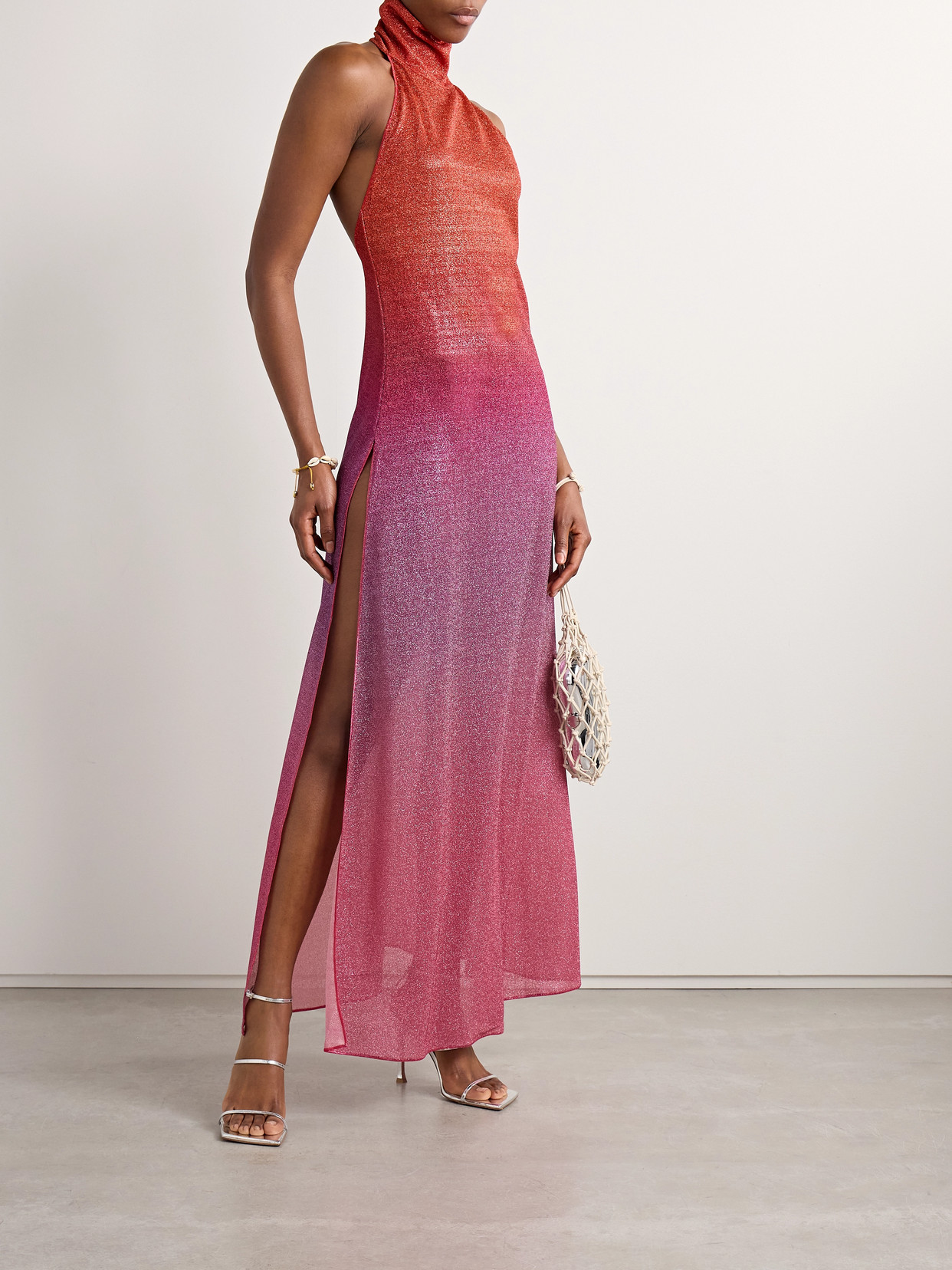 OSEREE LUMIÈRE OMBRÈ METALLIC STRETCH-KNIT HALTERNECK MAXI DRESS