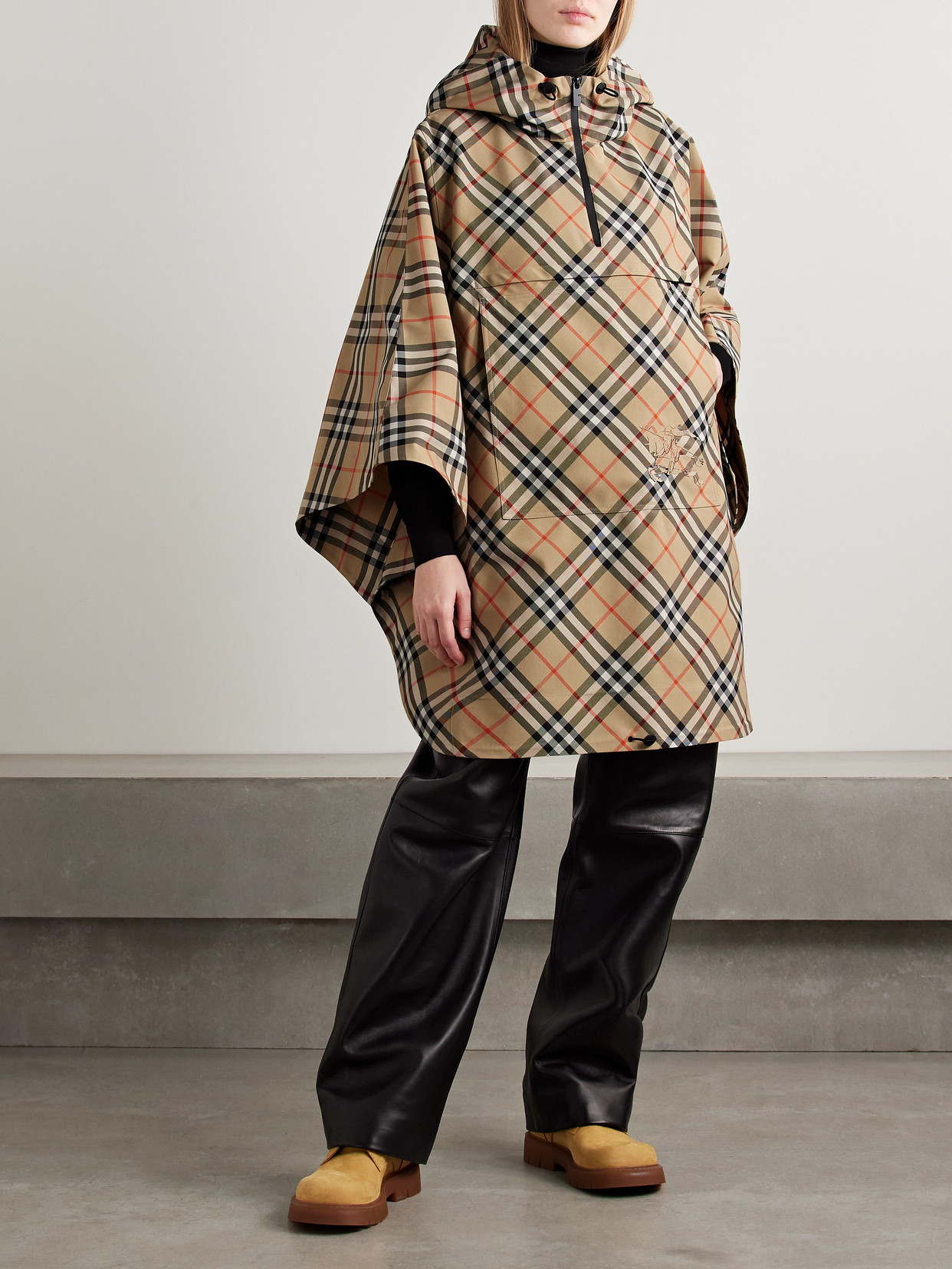 Burberry Hooded Appliquéd Checked Twill Cape In Off-white