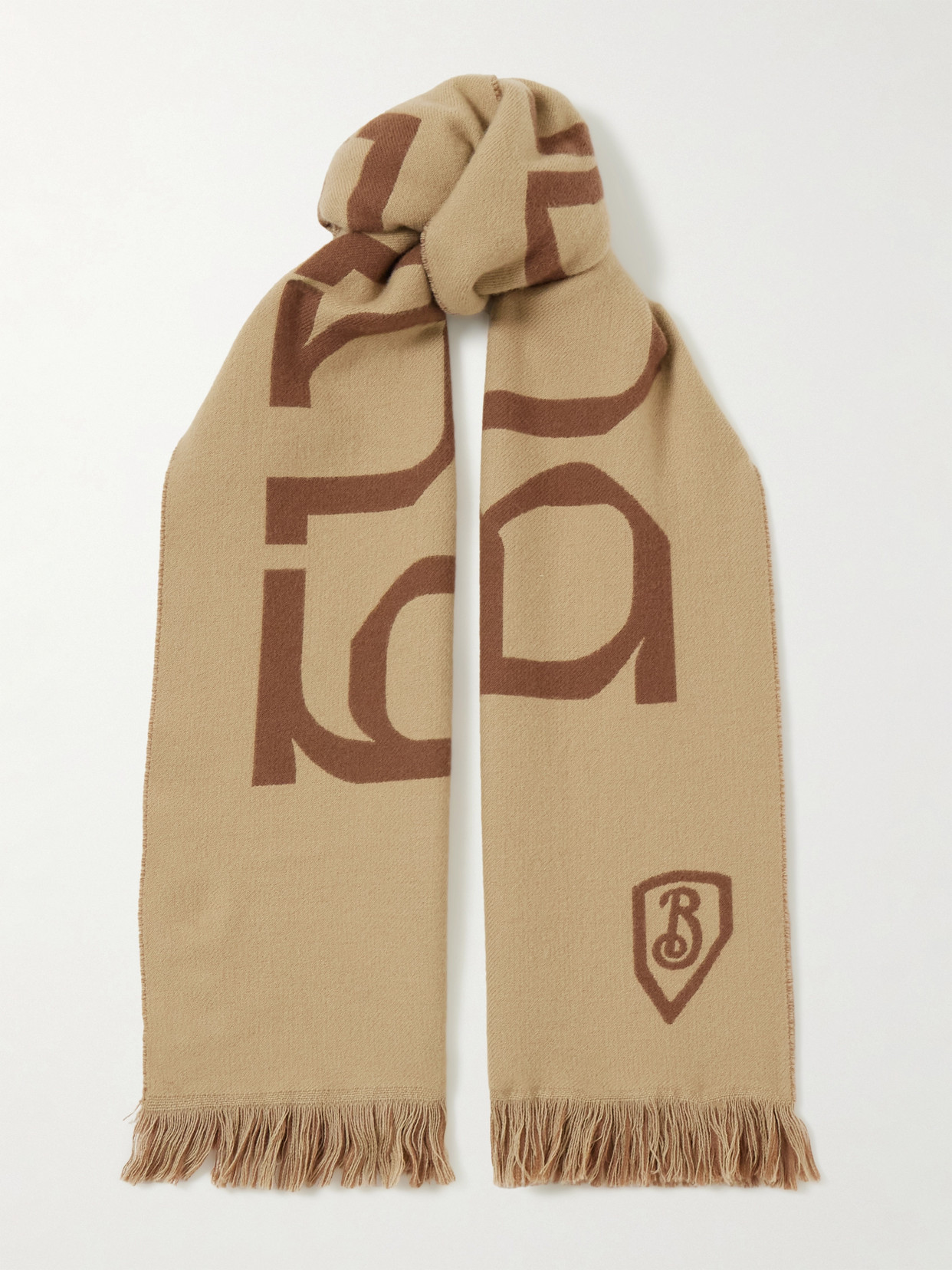 Burberry Fringed Printed Merino Wool Scarf In Neutral