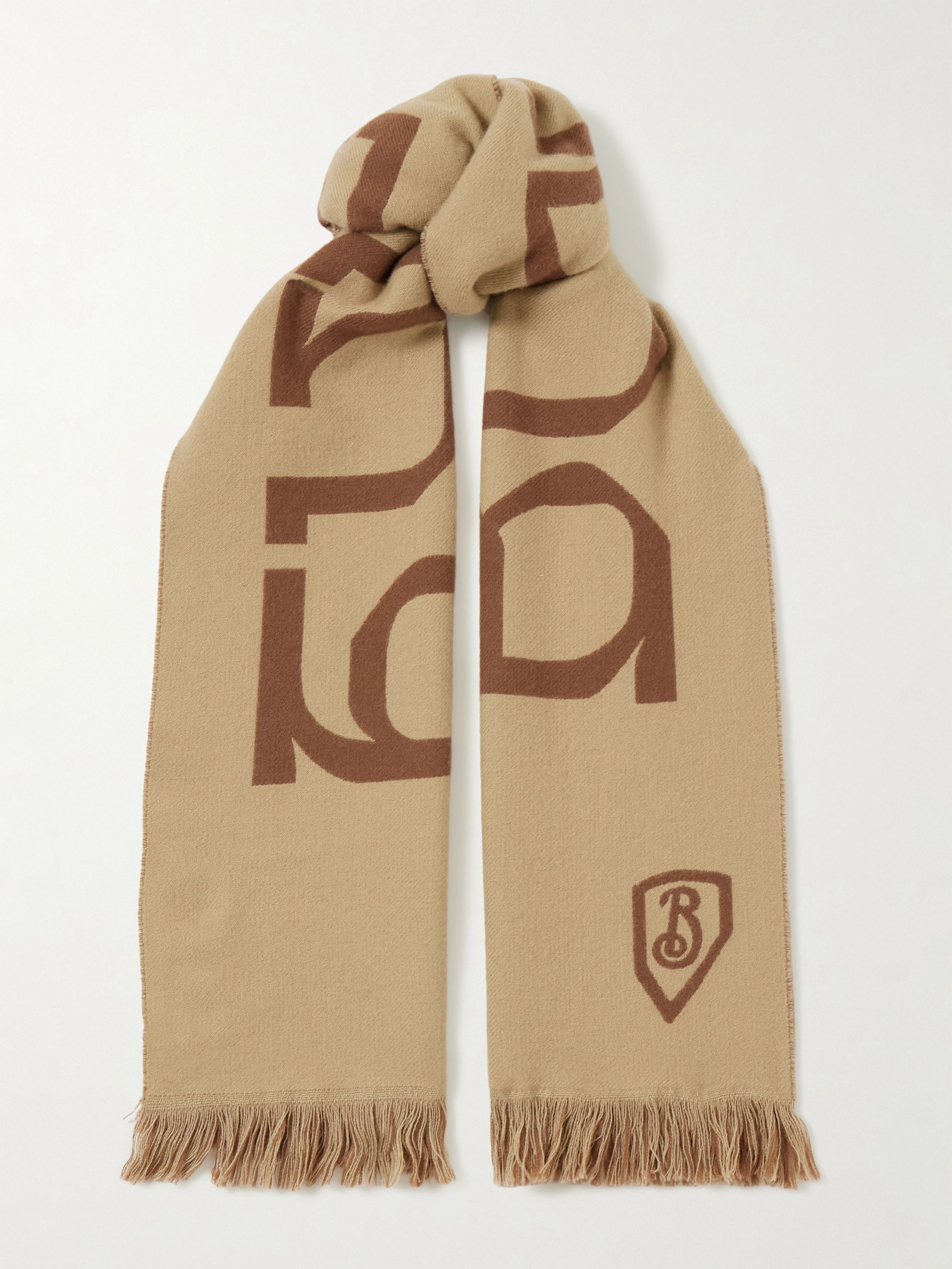 Fringed printed merino wool scarf - sand - One Size