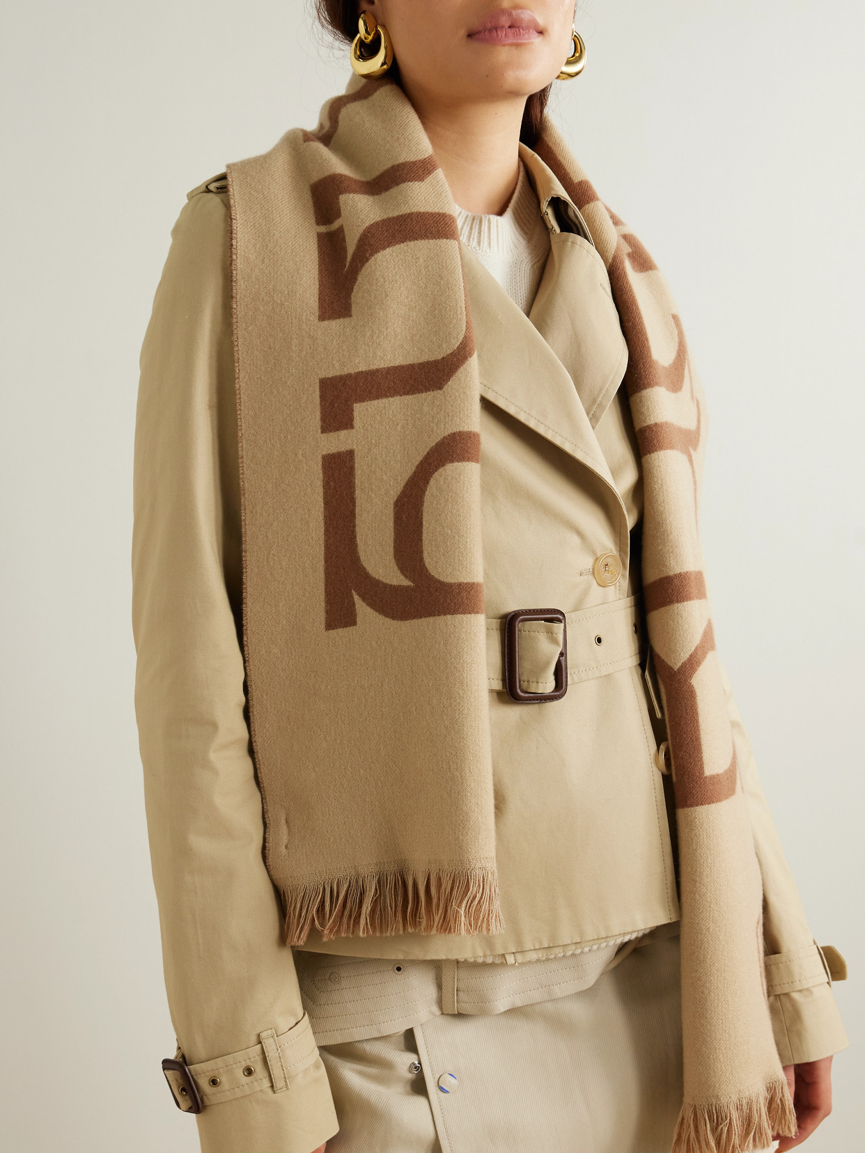 Burberry Fringed Printed Merino Wool Scarf In Neutrals