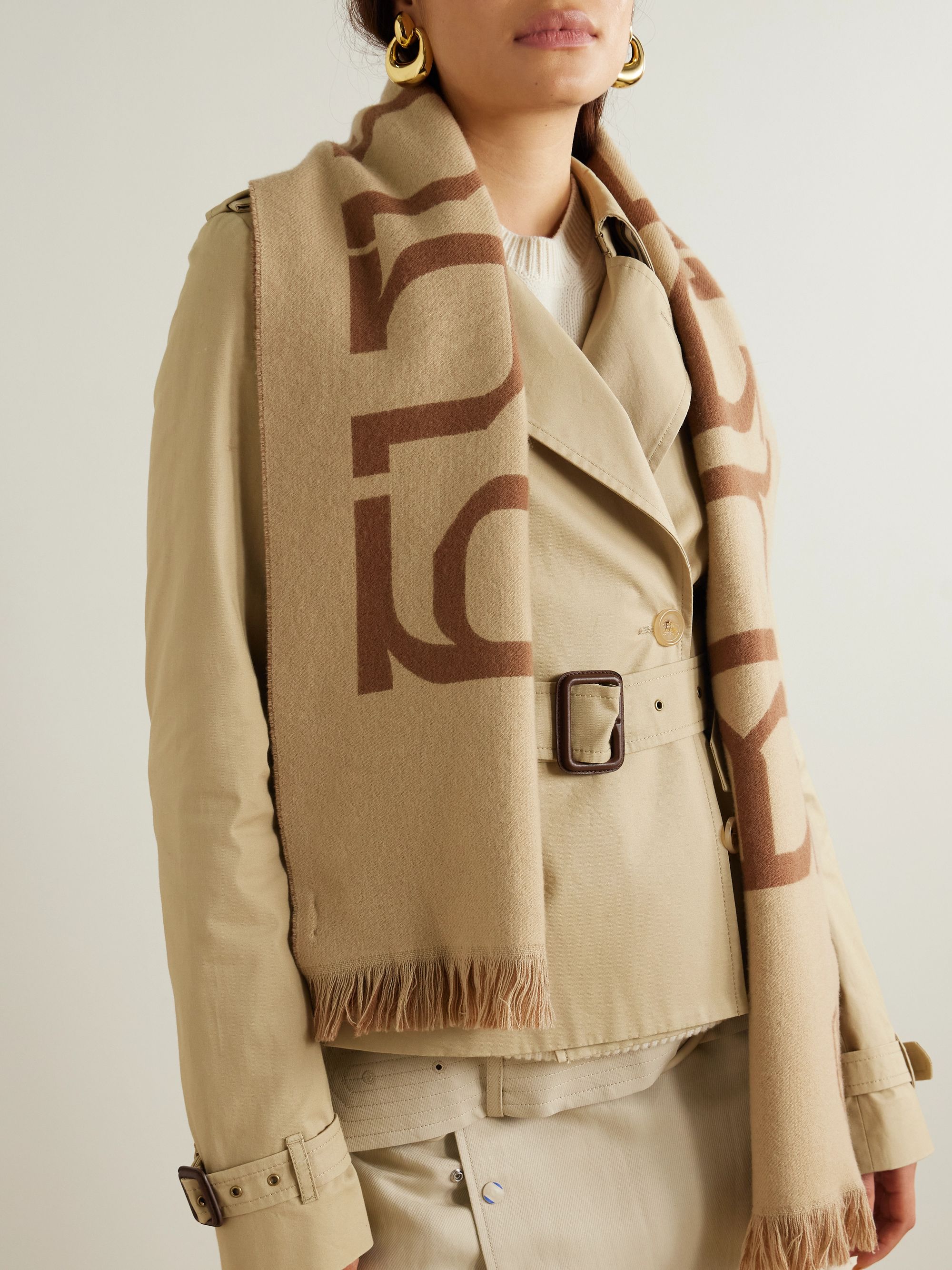 Fringed printed merino wool scarf - sand - One Size