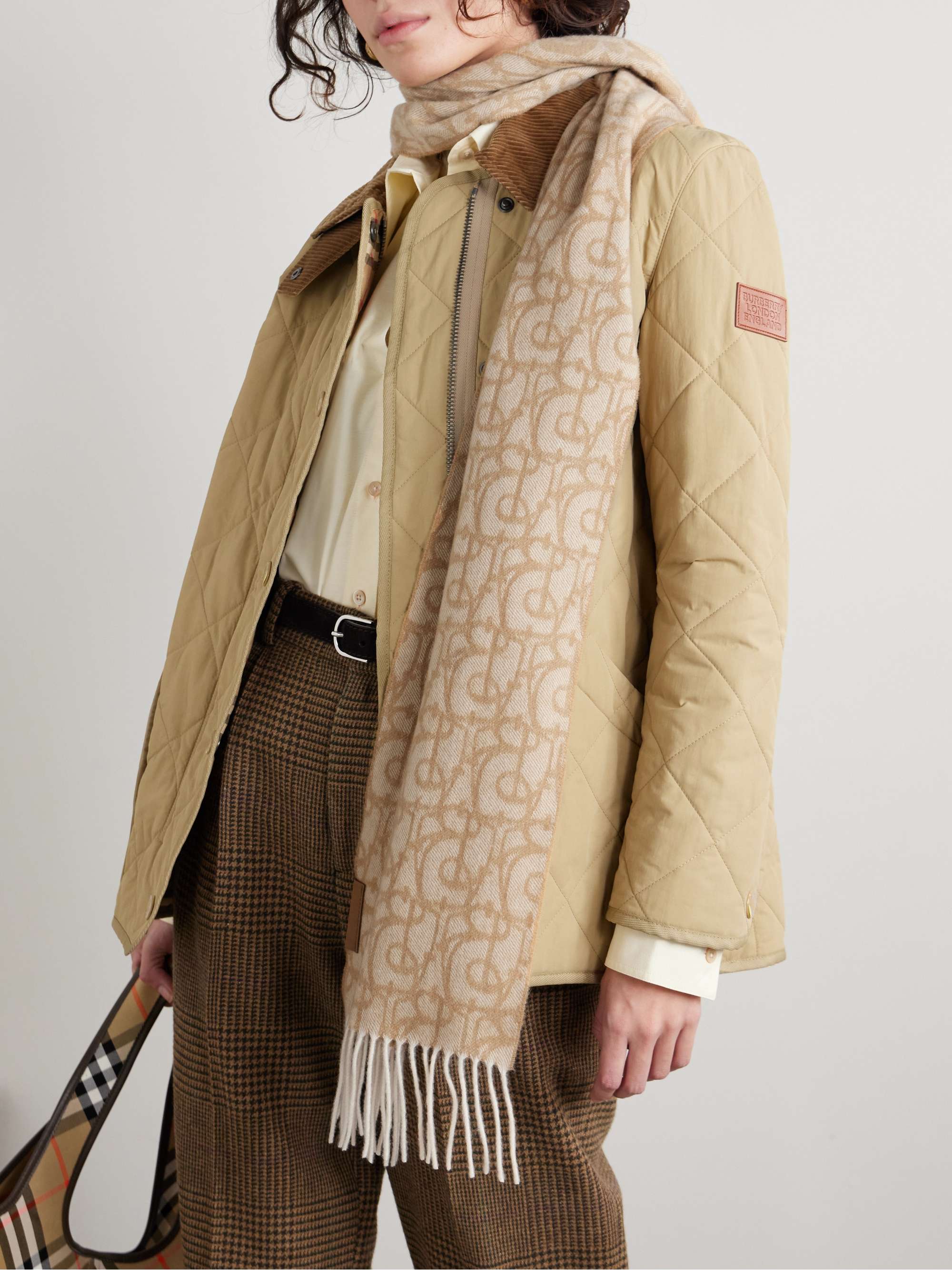 Fringed jacquard knit cashmere scarf camel One Size