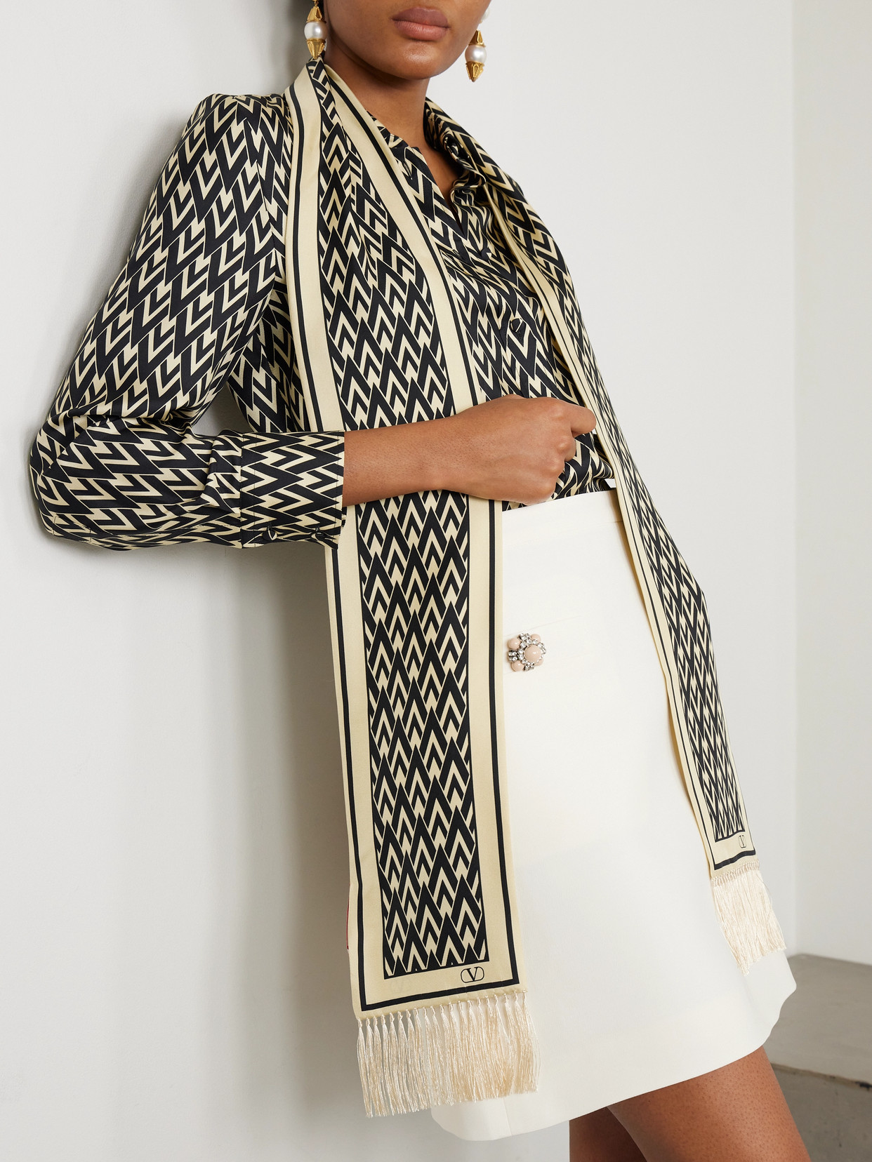 VALENTINO FRINGED PRINTED SILK-TWILL SCARF 