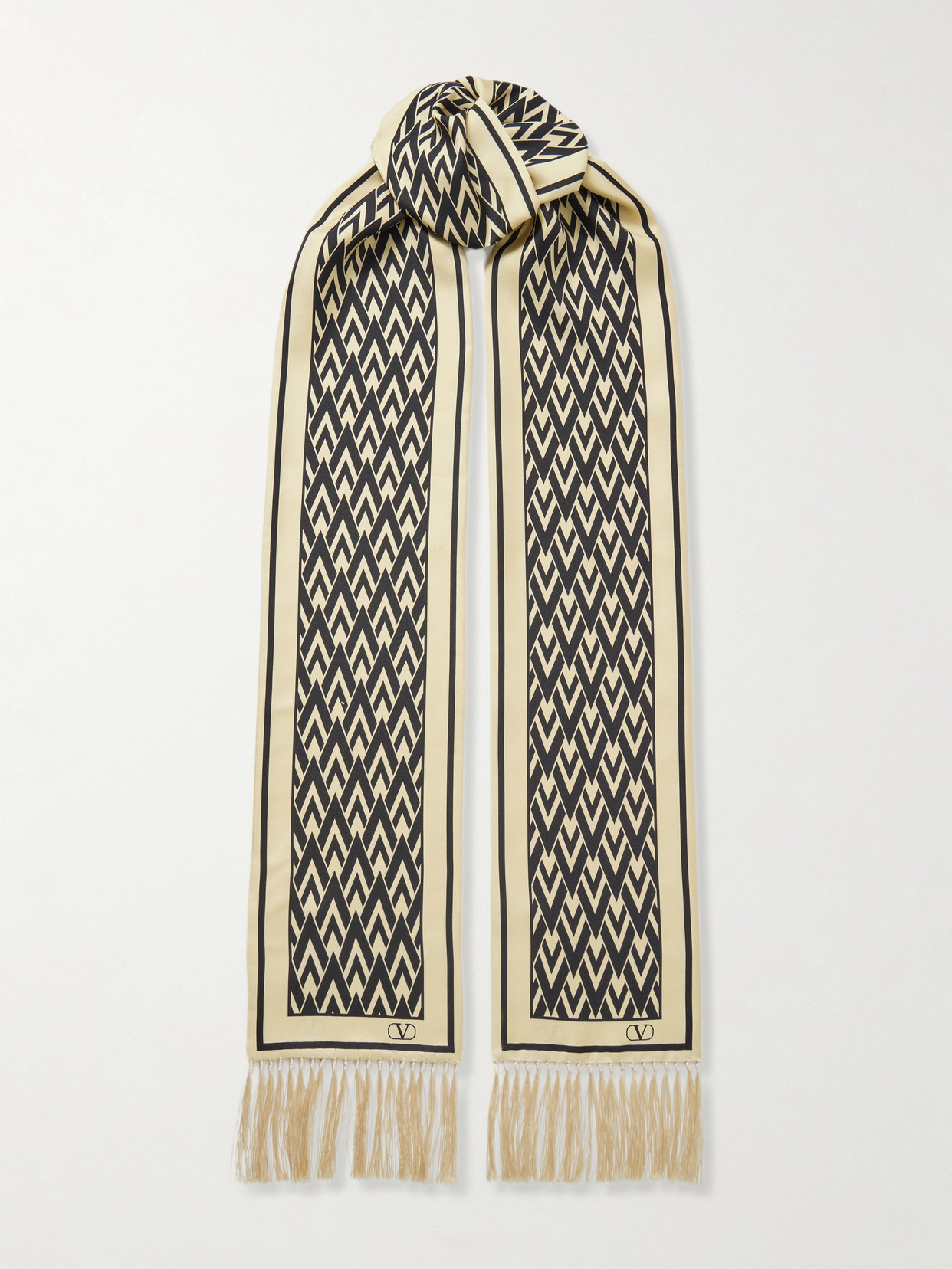 Valentino Fringed Printed Silk-twill Scarf In Black