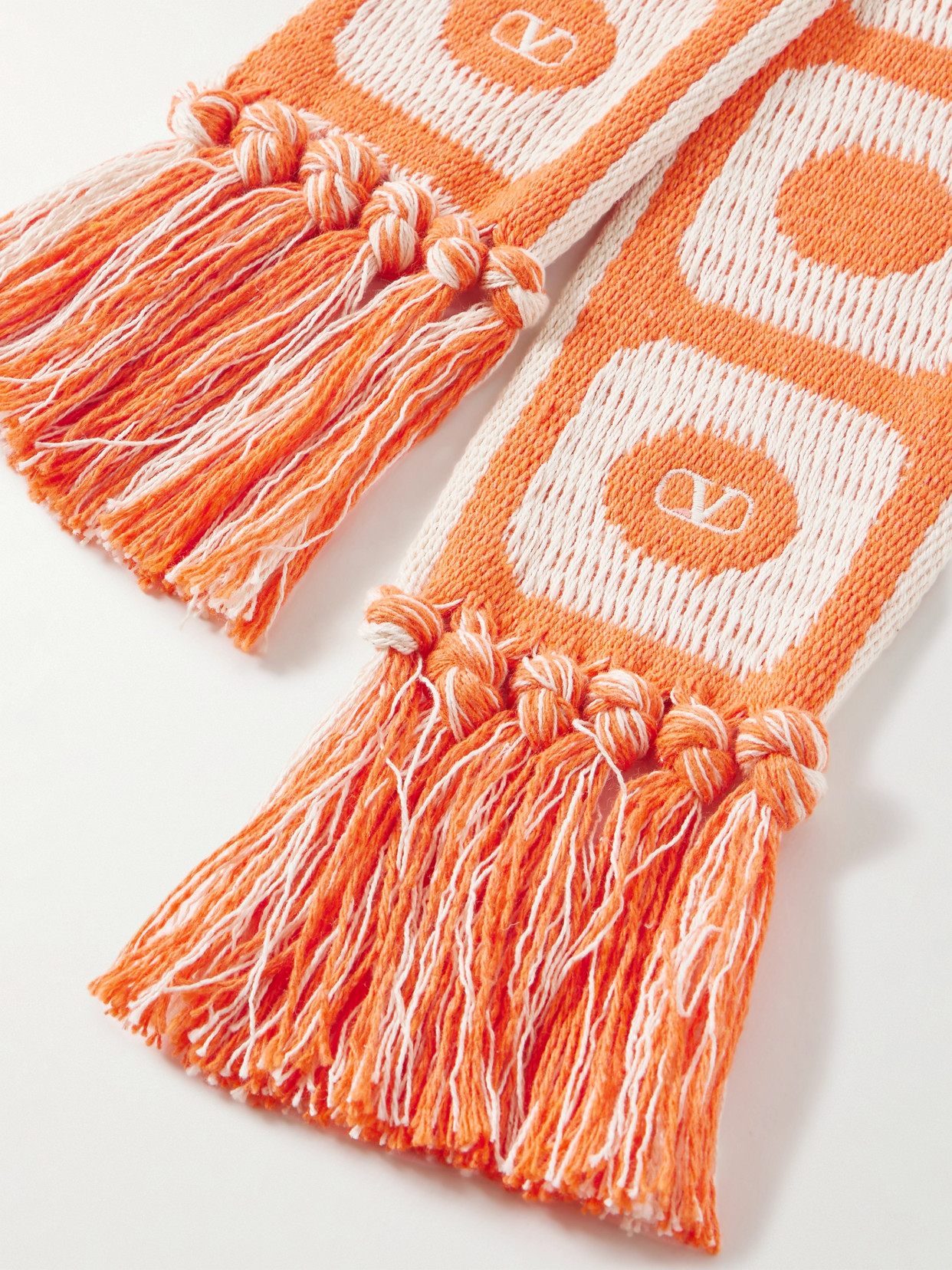 Valentino Antibes Fringed Cotton-blend Jacquard Scarf In Orange