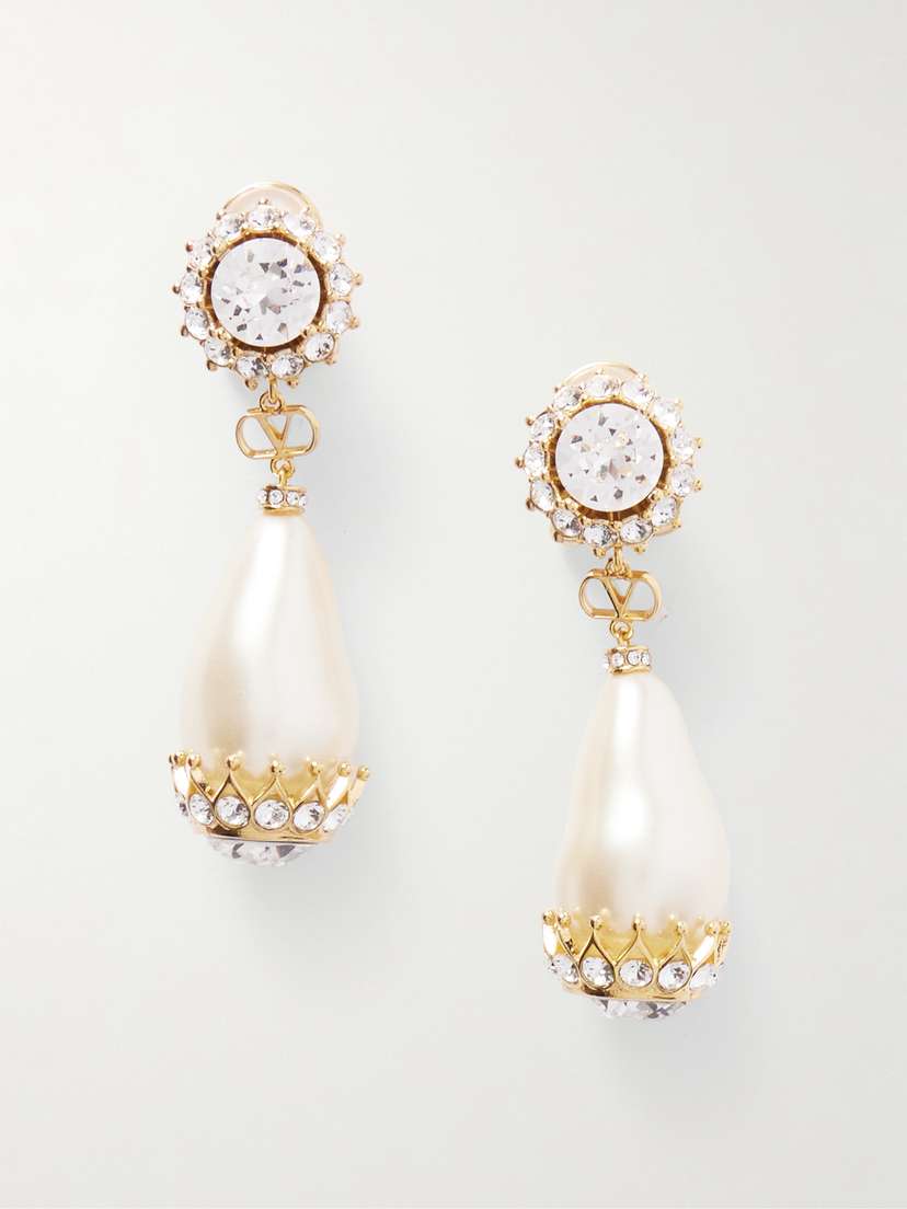 Valentino Garavani Gold-tone, Faux Pearl, Crystal And Resin Clip Earrings