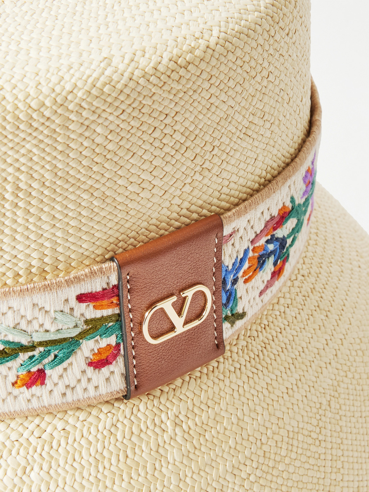 Valentino Antibes Leather-trimmed Embroidered Straw Bucket Hat In Neutrals