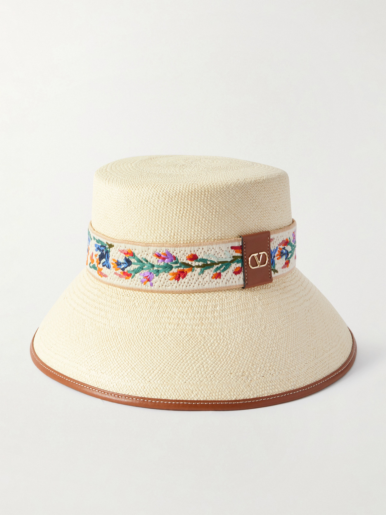 Valentino Antibes Leather-trimmed Embroidered Straw Bucket Hat In Neutrals