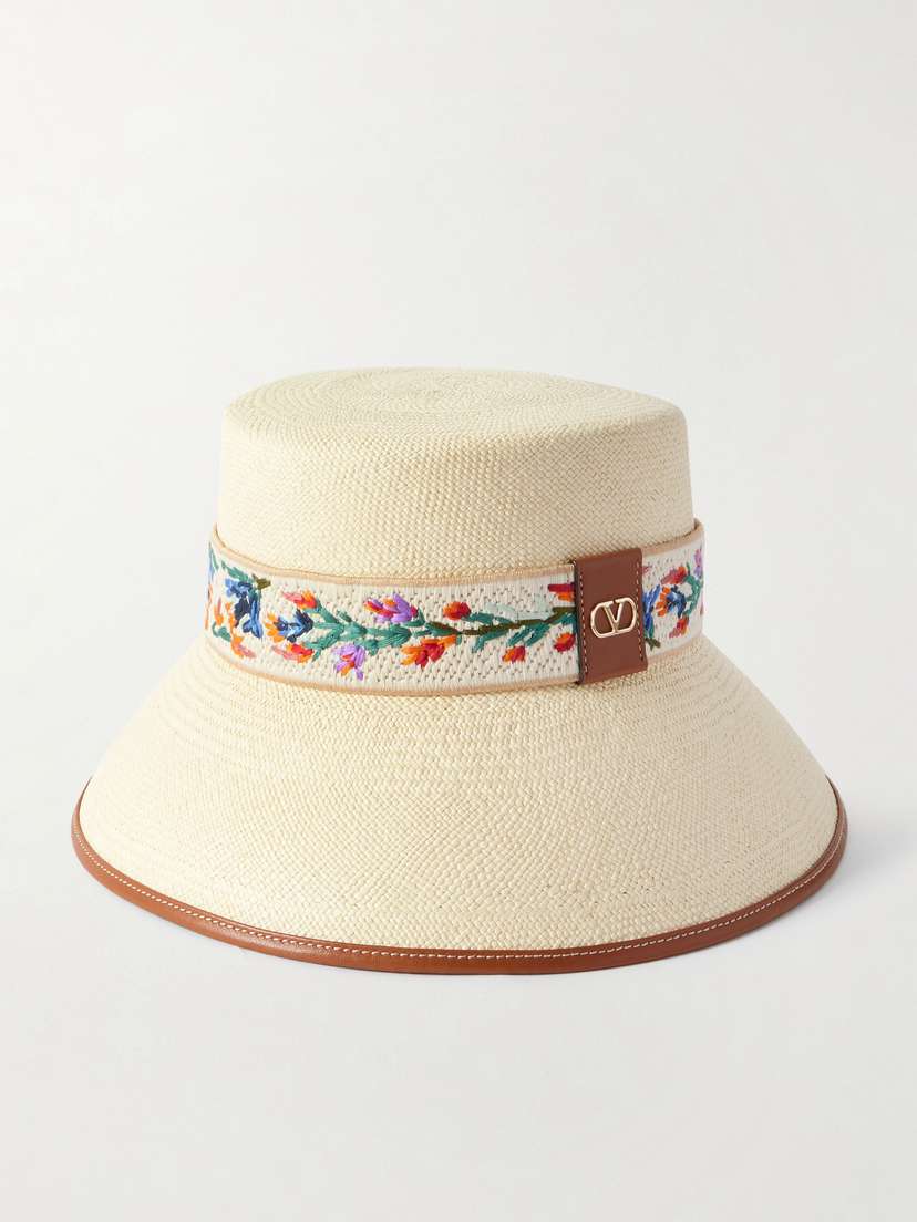 Valentino Garavani Antibes Leather-trimmed Embroidered Straw Bucket Hat