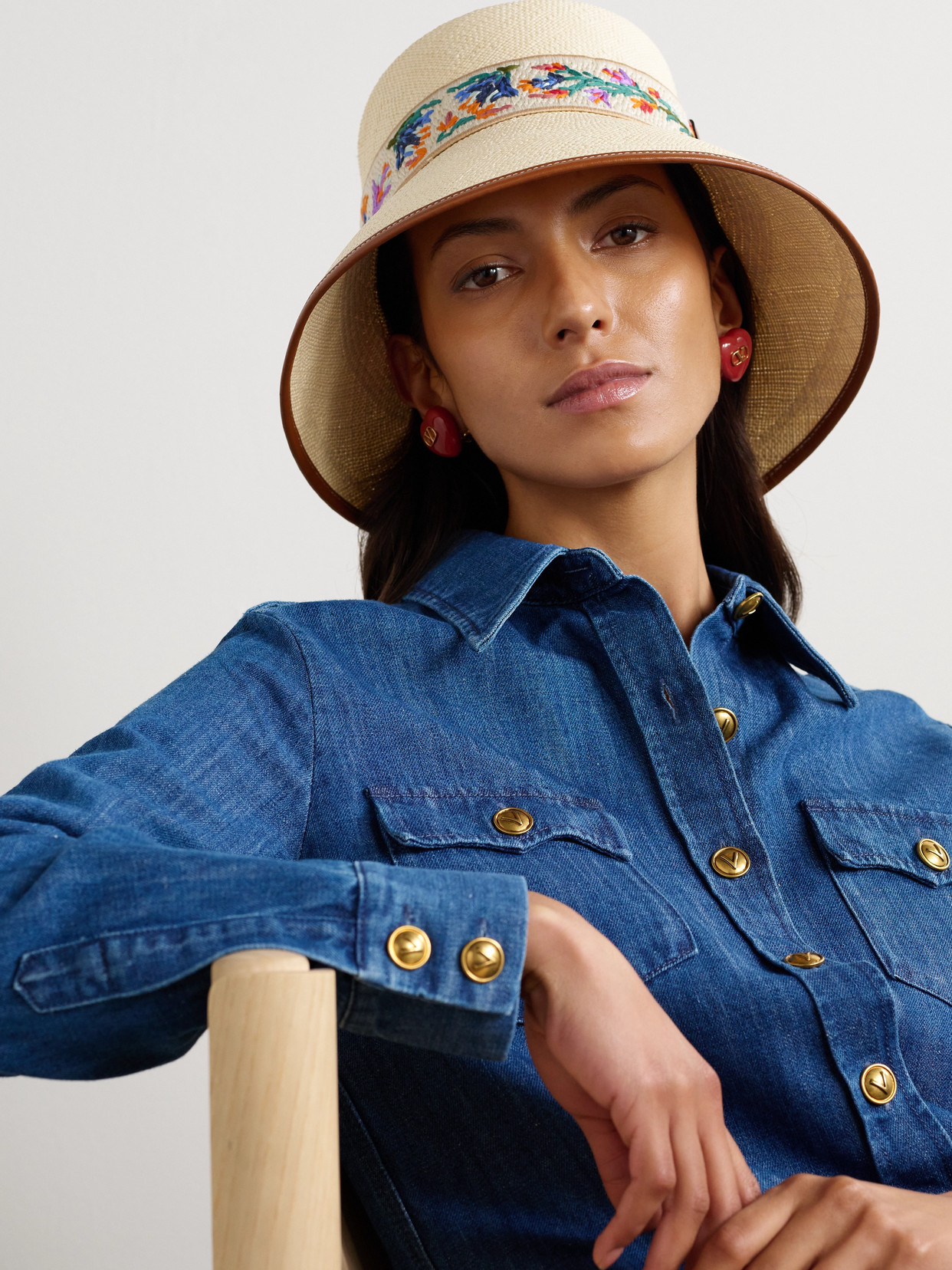 Valentino Antibes Leather-trimmed Embroidered Straw Bucket Hat In Neutrals