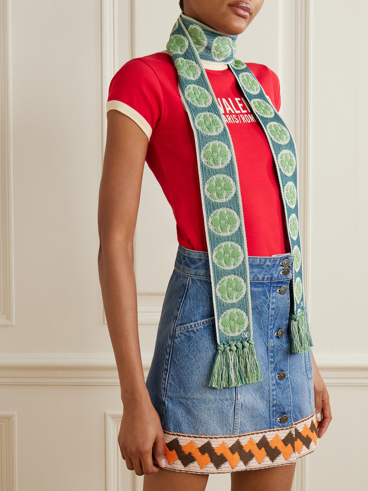 Shop Valentino Antibes Fringed Cotton-blend Jacquard Scarf In Blue