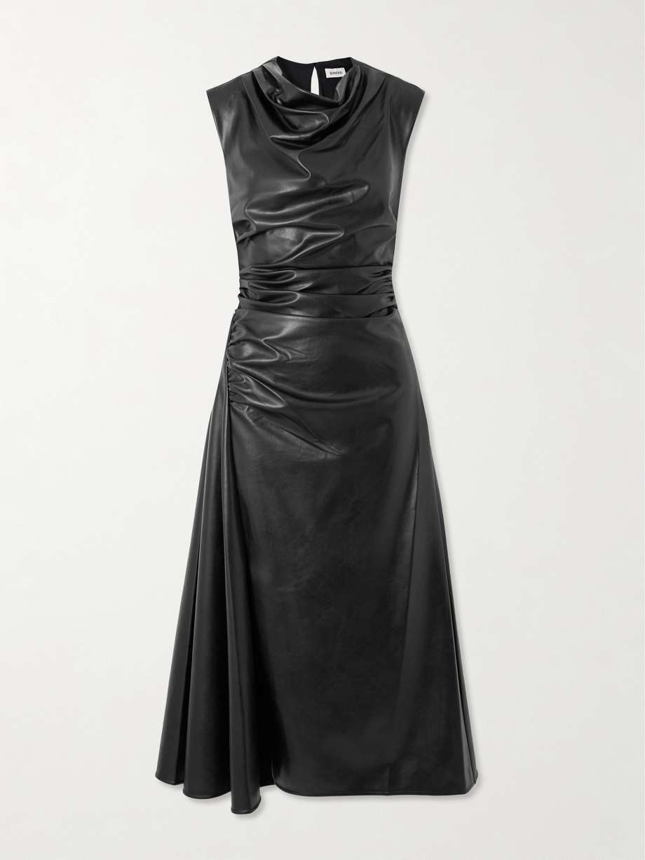 burke draped faux leather midi dress