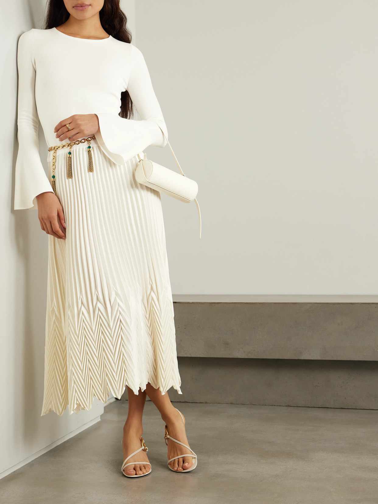 SIMKHAI DAMONI JERSEY AND PLISSÉ-SATIN MIDI DRESS