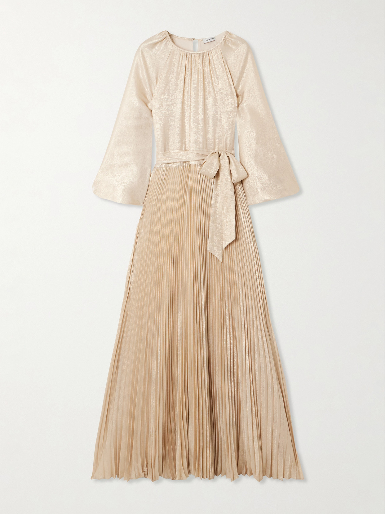 Simkhai Varenya Belted Pleated Metallic Lamé Maxi Dress