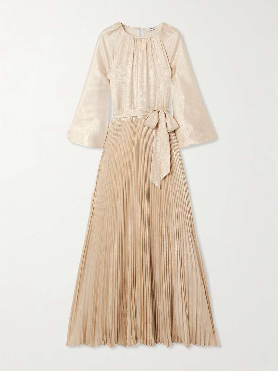 varenya belted pleated metallic lamé maxi dress