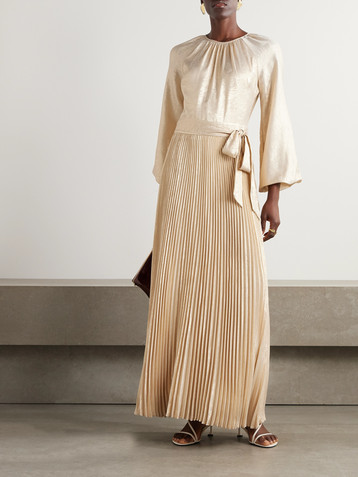 SIMKHAI Varenya belted pleated metallic lamé maxi dress