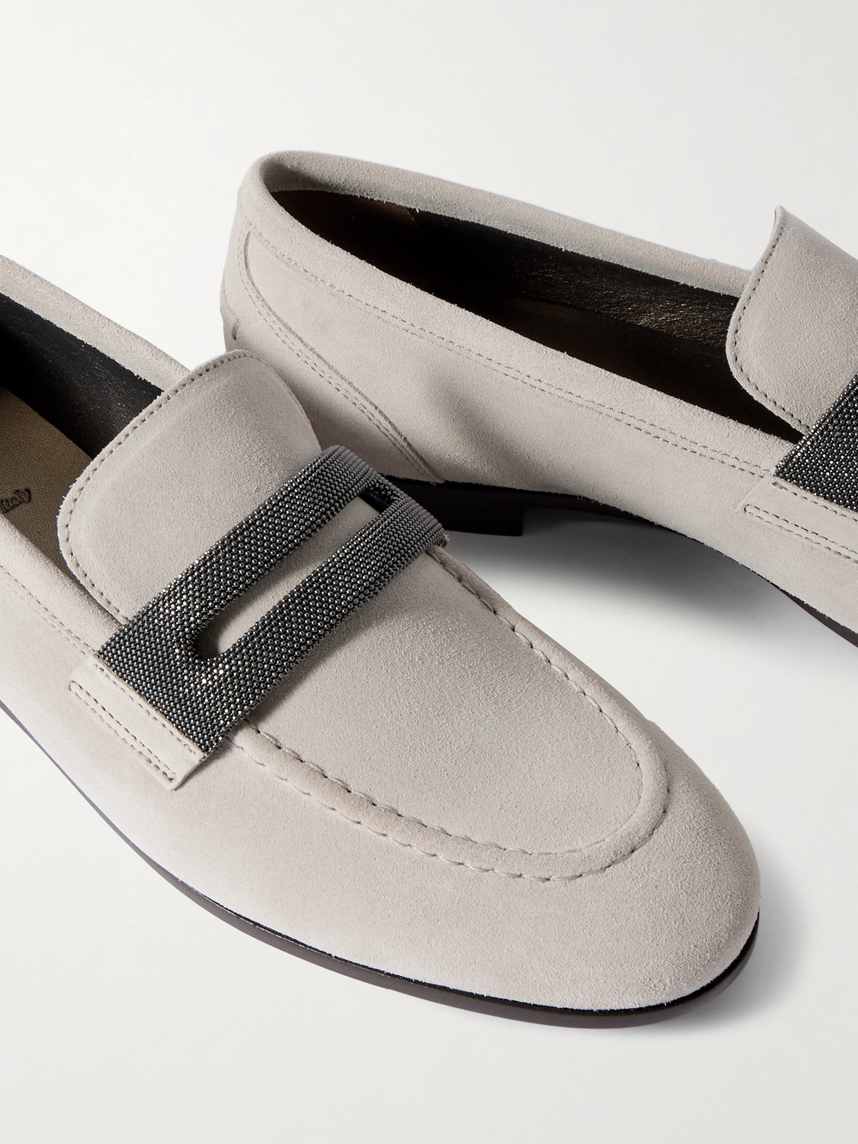 Brunello Cucinelli Bead-embellished Suede Loafers In Gray