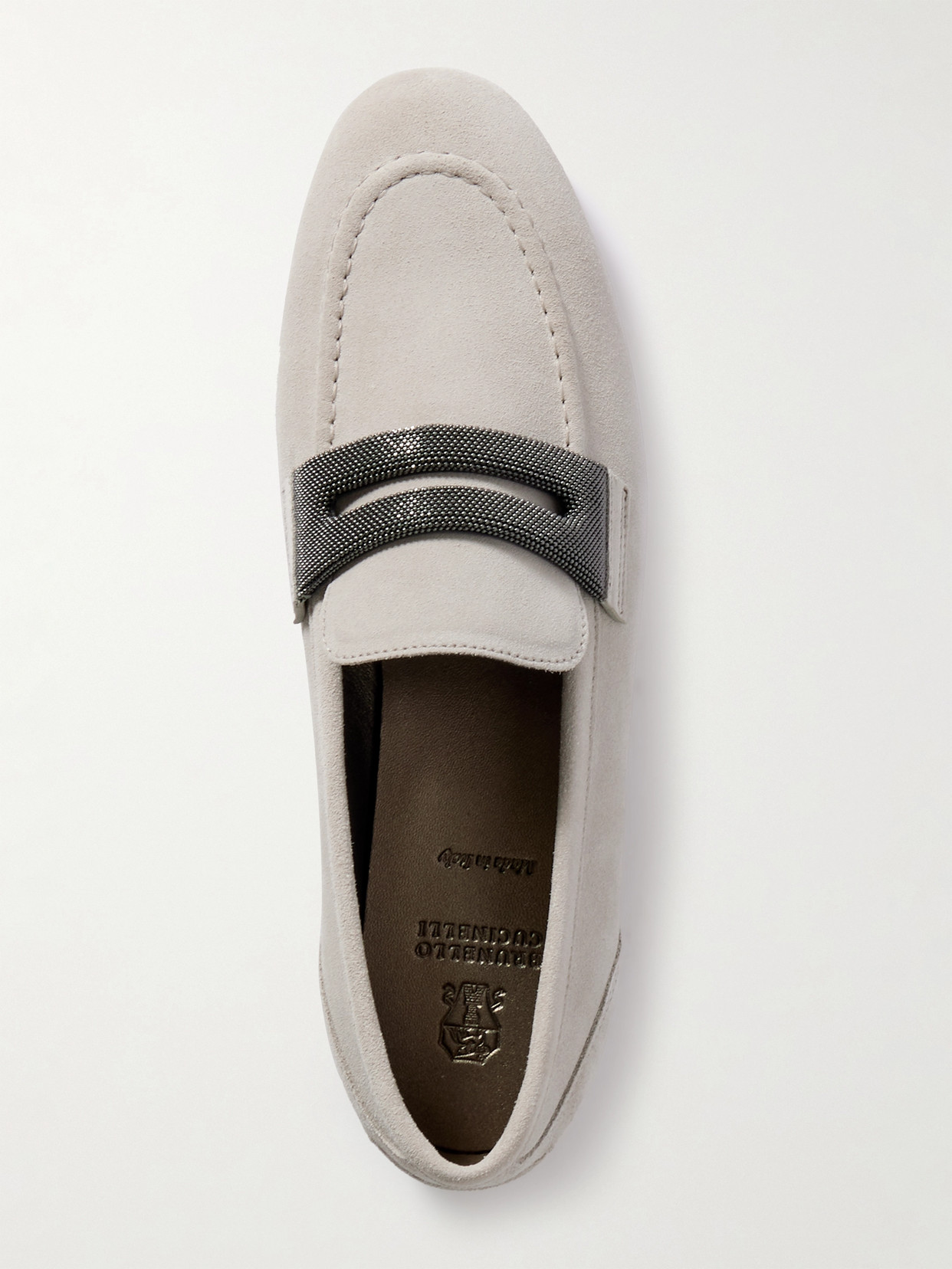 Brunello Cucinelli Bead-embellished Suede Loafers In Gray