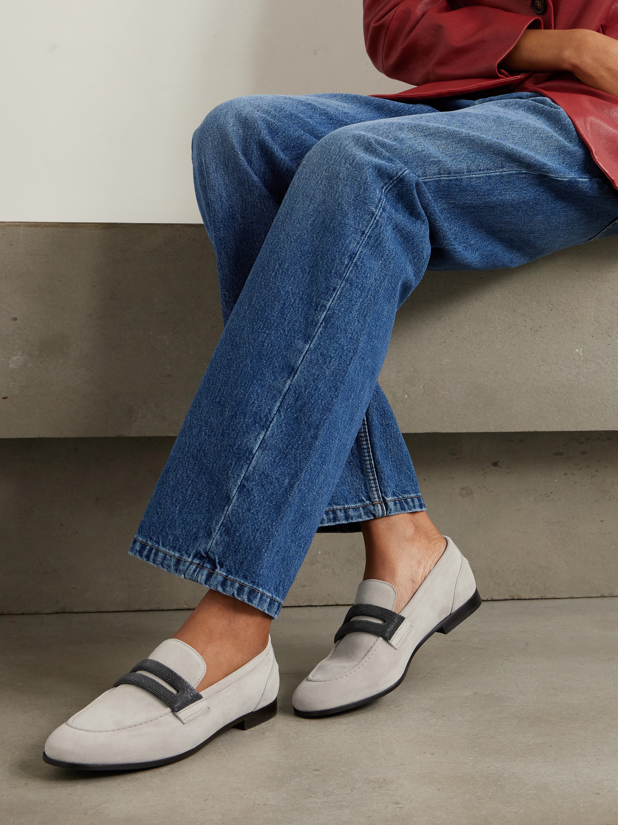Brunello Cucinelli Bead-embellished Suede Loafers In Gray