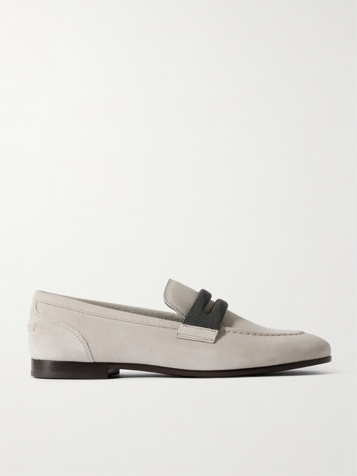 Brunello Cucinelli Bead-embellished Suede Loafers In Grey