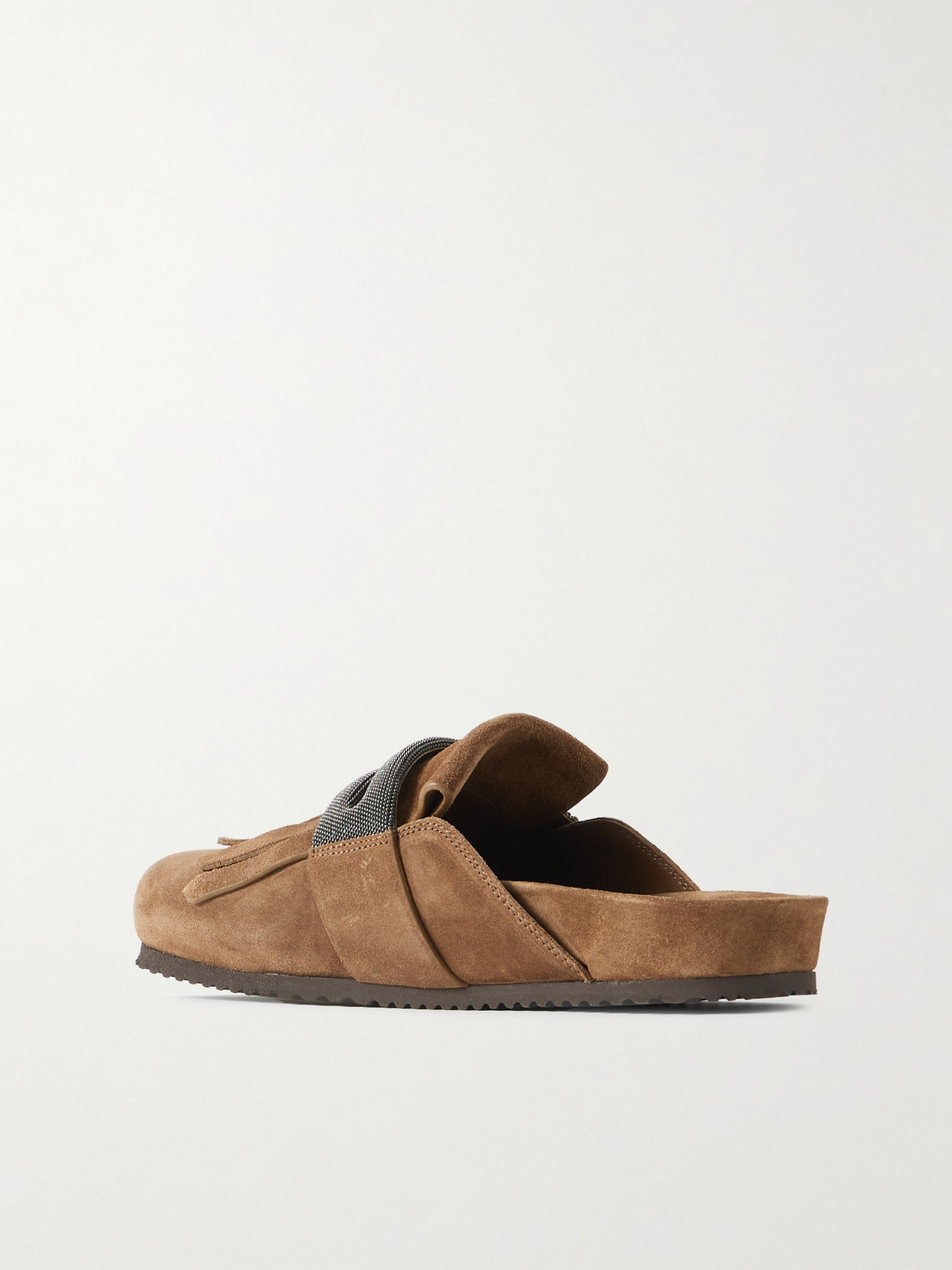 Brunello Cucinelli Fussbett Bead-embellished Fringed Suede Slippers In Brown