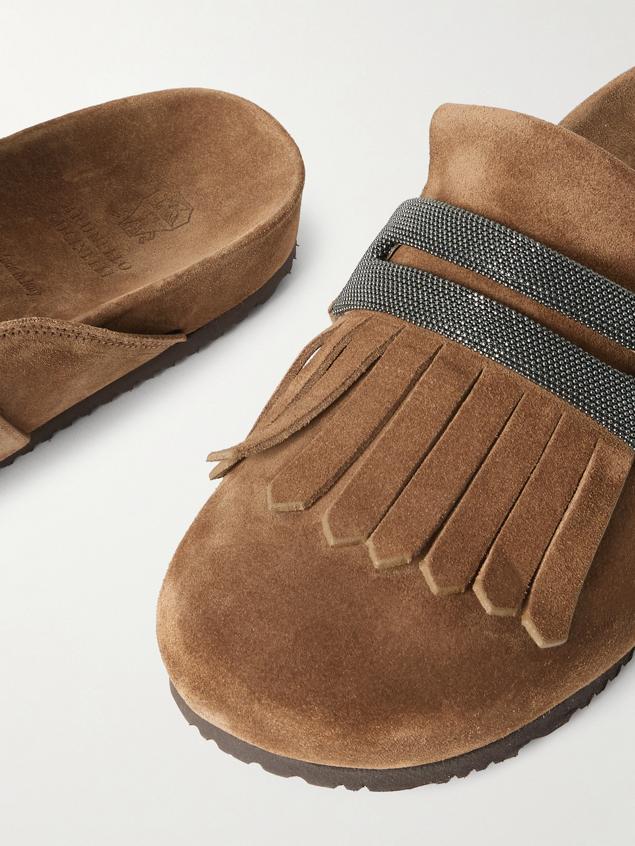 Brunello Cucinelli Fussbett Bead-embellished Fringed Suede Slippers In Brown