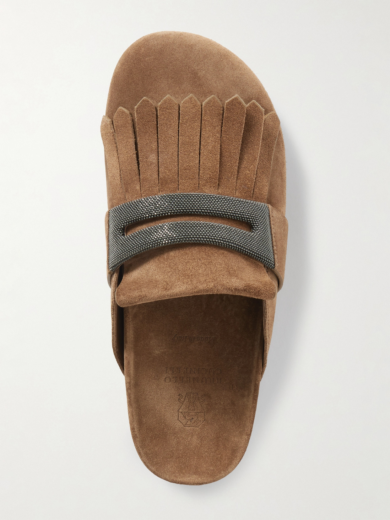 Brunello Cucinelli Fussbett Bead-embellished Fringed Suede Slippers In Brown