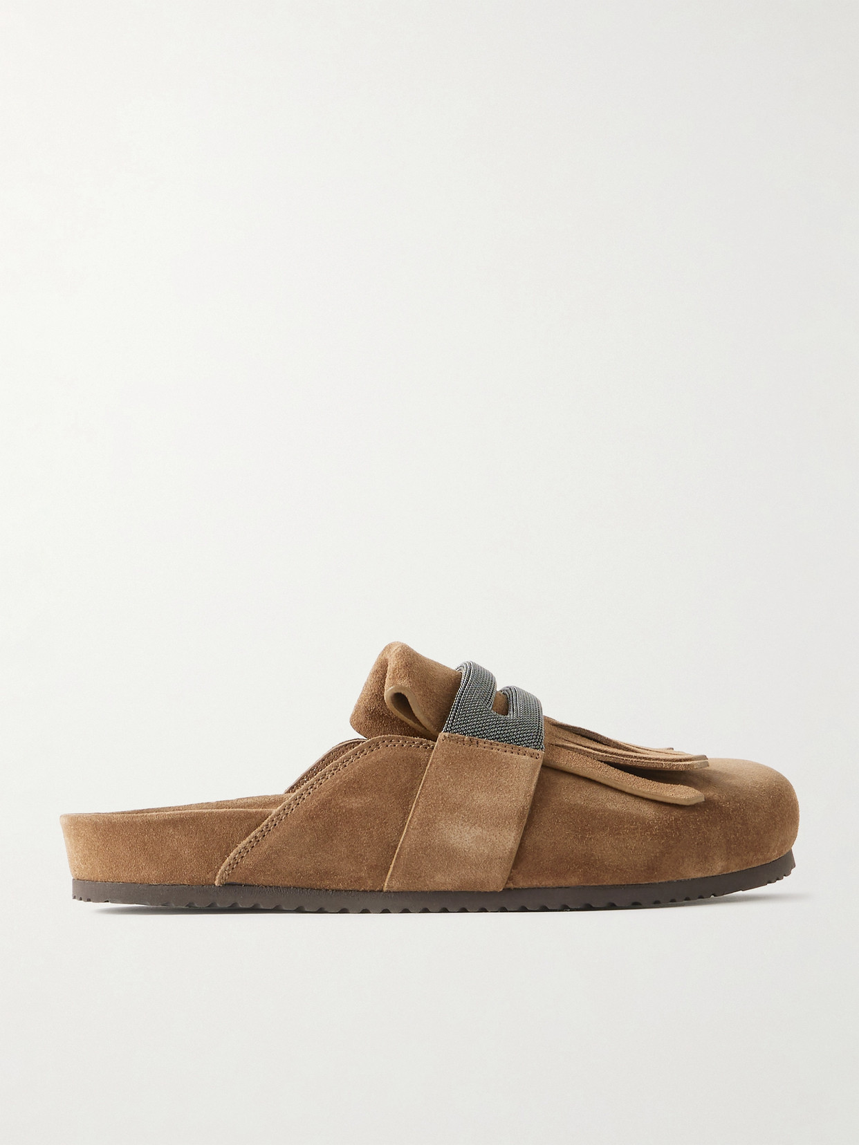 Brunello Cucinelli Fussbett Bead-embellished Fringed Suede Slippers In Brown