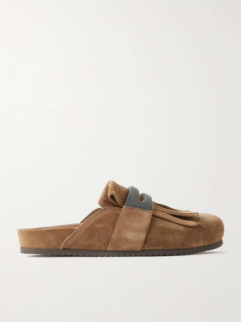 Brunello Cucinelli Fussbett Bead-embellished Fringed Suede Slippers